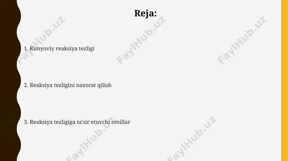 0,1m hcl eritmasining aralashuvidan hosil bo'lgan reaksiya, xuddi shu hajmda 0,01m eritmalar bilan o'tkazilgan reaksiyaga qaraganda ancha tezroq boradi, chunki konsentratsiya yuqori. kimyoviy reaksiya tezligi moddalarning konsentratsiyasi bilan to'g'ridan-to'g'ri proportsionaldir; masalan, 2m hcl eritmasida reaksiya 1m hcl eritmasiga nisbatan 2 baravar tezroq boradi. to'qnashuv nazariyasi to'qnashuvlar nazariyasi bo'yicha, reaksiya tezligi, reaksiyaga kirishuvchi moddalarning konsentratsiyasi va haroratga, shuningdek, 20-30°c oralig'ida faollashuv energiyasining ta'siriga bog'liq. moskva davlat universiteti tadqiqotchilari o'tkazgan tajribalar to'qnashuvlar nazariyasining 10⁻² mol/l konsentratsiyada reaksiya tezligiga ta'sirini aniqlashga yordam berdi, reaksiya tezligi to'qnashuvlar soniga bevosita bog'liq ekanligini tasdiqladi. to'qnashuvlar nazariyasi kimyoviy reaksiyaning tezligini, 1 litr hajmda sekundiga 10¹⁵ dan ortiq zarrachalar to'qnashuvi bilan bog'laydi va bu to'qnashuvlarning faqat kichik qismi (taxminan 1%) faollashuv energiyasiga ega bo'ladi. katalizatorlarning ta'siri fermentlar – biologik katalizatorlar – inson organizmidagi 37°c haroratda minglab reaksiyalarni tezlashtiradi, masalan, oshqozon osti bezi tomonidan ishlab chiqariladigan amilaza kraxmalni glyukozaga parchalaydi. katalitik konvertorlar, avtomobillar chiqindilaridagi zararli moddalarni (no x , …