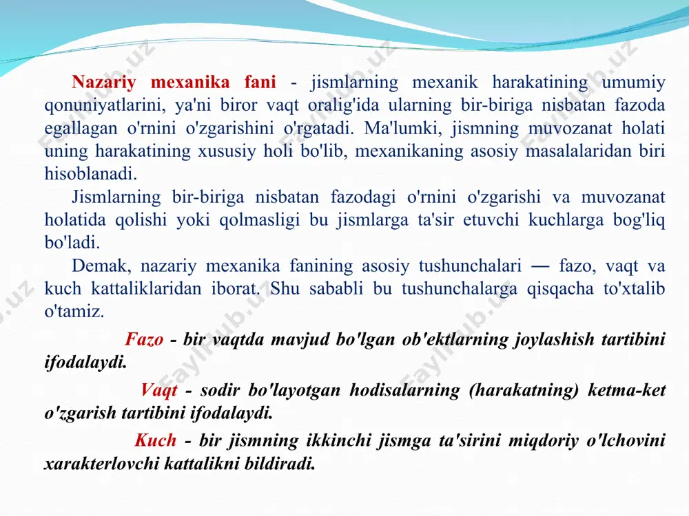 ir qiluvchi kuchlarning intensivligi q bilan belgilanadi va mos ravishda n/m yoki n/m2 hisobida o`lchanadi. taqsimlangan kuchlarga ko`prik balkasining ustiga yotqizilgan beton yoki asfalt ta'siri misol bo`la oladi. beton yoki asfalt balka bo`yicha tekis tarqalgan bo`lib, 6-rasmda ko`rsatilganidek ta'sir qiladi. masalani echishda taqsimlangan kuchlar bir nuqtaga qo`yilgan kuch bilan almashtiriladi. 6-rasmda tasvirlangan taqsimlangan kuchlar teng ta'sir etuvchisi ab uchastkaning o`rtasiga qo`yilgan bo`lib, miqdori q=q·ab bo`ladi. taqsimlangan kuchlarga yana bir misol sifatida to`g`on devoriga suvning ta'sirini keltirish mumkin (7-rasm); bu kuchning taqsimlanishi suv yuzasidan to`g`on tagigacha uchburchak qonuni bilan o`zgarib boradi. bu holda taqsimlangan kuchlarning teng ta'sir etuvchisi uchburchak medianalarining kesishgan nuqtasidan o`tadi va miqdori ql/2 bo`ladi. 6-rasm 7-rasm 3. juft kuch. ma'lum oraliqda joylashgan, bir-biriga qaraima-qarshi yo`nalgan va miqdor jihatidan teng bo`lgan ikki kuch juft kuch deyiladi. 8-rasmda balkaga qo`yilgan juft kuch tasvirlangan. juft kuch berilganda, juft kuch tashkil etuvchilari va bu tashkil etuvchilar orasidagi masofa (8-rasm, a) yoki uning …