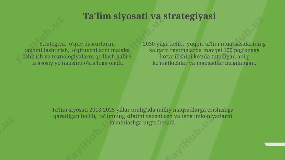 a va infrastrukturaga yo'naltiriladi. o'rtacha har bir talabaga davlat tomonidan ajratilayotgan mablag' yillik 2000 rm (malayziya ringgiti) atrofida bo'lib, bu raqam ta'lim darajasi va muassasaga qarab farq qiladi. ta'limning moliyaviy jihatlari davlat byudjetidan 20% dan ortiq mablag' ajratilishini o'z ichiga oladi, xususiy sektorning hissasini esa 10% atrofida deb baholash mumkin. boshlang'ich ta'lim boshlangʻich taʼlimda oʻquvchilar matematikadan, malay tilidan, ingliz tilidan va boshqa muhim fanlardan dars olishadi, oʻrtacha sinf hajmi 30-40 oʻquvchini tashkil etadi. taʼlimning bu bosqichida oʻquvchilarning asosiy bilim va koʻnikmalarini shakllantirishga, shu jumladan oʻqish, yozish va hisoblashga alohida eʼtibor qaratiladi, bu keyingi bosqichlar uchun asos boʻladi. boshlangʻich taʼlim 6 yildan iborat boʻlib, 7 yoshdan 12 yoshgacha boʻlgan bolalarni qamrab oladi va milliy taʼlim tizimining muhim poydevorini tashkil etadi. e'tiboringiz uchun rahmat @taqdimot_robot