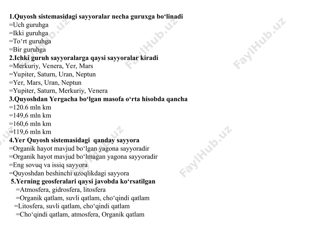 skuna =shamol yo`nalishini aniqlaydigan asbob =quyoshning ufq ustidagi balandligini aniqlaydigan asbob =ufq tomonlarini aniqlaydigan asbob =bo`y o`lchash asbobi 27.xaritada baland tog‘lar qanday rangda bo‘ladi =to‘q jigar rang =och sariq =sariq =yashil 28.o‘zbekiston respublikasining shimoliy qismida qaysi davlat bilan chegardosh =qozog‘iston = tojikiston = qirg‘iston = turkmaniston 29.o‘zbekiston respublikasining sharqiy qismida qaysi davlat bilan chegardosh =qozog‘iston = ozorbayjon = qirg‘iston = turkmaniston rivojlanmagan mamlakatlarda suv ichish, rivojlanganlarida esa nafas olish xavfli. djonatan reyban kun hikmati sari bobom ichkari, soqollari tashqari bir uyning ichida to'rt ko'rpacha yoyilib turibdi. eshigi ham yo'q, teshigi ham yo'q, mehmon kelsa ochiladi. qo'shnimning arqoni devordan oshib tushdi ariq bo'yida to'shak biznikiga mehmon keldi, hammasining qoshi qora beli bog'li, cho'tir choldir, qo'ynida bor bujur kampir. yo'l ustida go'ja qaynar. o'zi qora, qanotli, shoxlari bor, tirnoqli 1.sabzi 2.qovun 3.oshqovoq 4.maysa 5.loviya 6. yong'oq 7. chumoli 8.qo'ng'iz tabiatshunoslik ta'limi vositalariga darslik. geografik atlas va xaritalar globuslar. chizma-statistik.chizma-sxematik modellar. tog' jinslari …