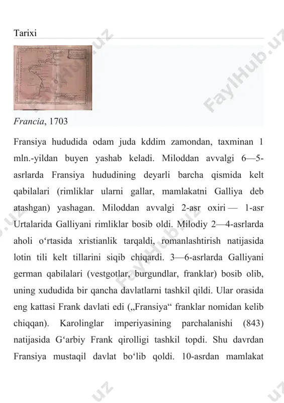 rbiy diktaturasi (dastlab konsullik, 1804-yildan imperiya) urnatiddi. napoleon davrida fransiya kupgina bosqinchilik urushlarini olib bordi, fransiya hududi birmuncha kengayib, yevropada fransiyaga tamomila qaram bulgan davlatlar paydo boʻldi. ammo shunga qaramay, fransiyaning yevropada oʻz hukmronligini oʻrnatishga boʻlgan intilishi magʻlubiyatga uchradi. 1814—1815 va 1815—1830-yillarda burbonlar monarxiyasi qayta tiklandi. 1815-yil martda napoleon yana hokimiyatni egalladi, yuz kundan keyin vaterloo yonidagi jangda (1815-yil 18-iyun) u magʻlubiyatga uchragach, parij sulhiga muvofiq, fransiya 1790 y.gi chegarasiga qaytarildi. 1830-yil iyul inqilobi natijasida burbonlar sulolasi agʻdarib tashlandi. fransiyada monarxiya vujudga keldi, orleanlik gersog lui filipp qirol deb eʼlon qilindi. 1848-yil fevral inqilobi natijasida fransiyada iyul monarxiyasi tugatilib, ikkinchi respublika qaror topdi (184852). 1851-yil 2-dekabrda boʻlib oʻtgan davlat toʻntarishidan soʻng lui napoleon bonapartning harbiy diktatura tuzumi oʻrnatildi. 1852-yil 2-dekabrda u napoleon iii nomi bilan imperator deb eʼlon kilindi. ikkinchi imperiya deb nomlangan tuzum karor topdi (1852— 70). demokratik erkinliklar bekor qilindi. ikkinchi imperiya toʻxtovsiz bosqinchilik urushlari olib bordi. 1870—1771-yillardagi …