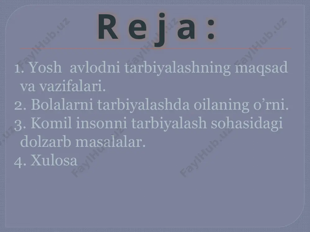 tа’lim-tаrbiya sаmаrаli mаzmunini vа usullаri аmаliyotgа kеng jоriy etish; yoshlаrning bo’sh vаktlаrini оilа-mаktоb vа jаmоаtchilik hаmkоrligidа qiziqаrli, mаqsаdli tаshkil etishgа erishish zаrur. bolani tarbiyalashda oilaning o’rni oilaviy tartibotning tashqi ko‘rinishi — o‘zboshimchalik bilan ish tutish ham, g‘azab ham, baqiriq-chaqiriq ham, iltijo ham yalinib-yolvorishlar ham emas, balki osoyishtalik, jiddiylik va ishbilarmonlik bilan qilingan farmoyishdan iborat bo‘lmog‘i kerak. bunday farmoyish berish huquqi oila a’zolarining yoshi ulug‘ vakili sifatida ayni sizga berilganligi xususida o‘zingizda va na bolalaringizda hech bir shubha qolmasligi kerak. a. s. makarenko umuman, oilada tarbiya, jumladan, estetik tarbiya, ya’ni nafosat tarbiyasi masalasi dolzarb, ayni chog‘da o‘ziga xos va ko‘p qirrali muammodir. shuni aytish kerakki, o‘zbek oilasida estetik tarbiyaning hamma oilalar uchun mushtarak asoslari, qoidalari, xususiyatlari bor. uzluksiz ta’limning yagona tizimi oilani ham qamrab oladi. modomiki, shunday ekan, oila, birinchidan, uzluksiz ta’lim yago-na tizimining bir tarkibiy bo‘g‘ini-dir. ikkinchidan, oilada estetik tarbiya, alohida va to‘liq mustaqil amaliyot sifatida emas, balki tar-biyaning bir …