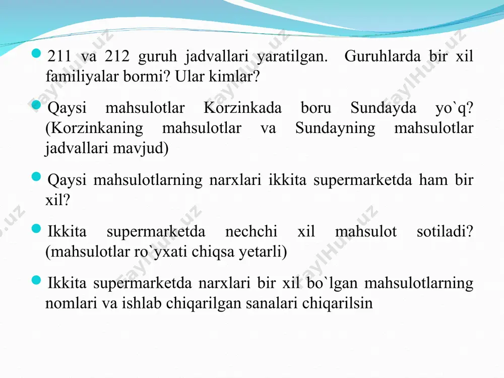 pshiriqlarini qo`llab - quvvatlashda ma`lumotlar bazasini loyihasini yaratish jarayonidir. ma`lumotlar bazasini loyihalash quyidagi asosiy yondashuvlarni o`z ichiga oladi: yuqoridan pastga ostin-ustun pastdan yuqoriga aralash ma`lumotlarni loyihalashning uch bosqichi konseptual ma`lumotlar bazasini loyihalash logik ma`lumotlar bazasini loyihalash fizik ma`lumotlar bazasini loyihalash konseptual ma`lumotlar bazasini loyihalash - korxanadagi barcha fizik mulohazalarni ma`lumotlar bazasi modelini qurish jarayoni. - ma`lumot modeli bu foydalanuvchining alohida talablariga ma`lumotdan foydalanishni yaratish. - konseptual model logik loyihalash bosqichi uchun axborotlarning asosi hisoblanadi. logik ma`lumotlar bazasini loyihalash korxonada ma`lum bir ma`lumot modeli asosida ma`lumot ishlatilgan modelini qurish jarayoni, lekin muayyan mbbt va fizik bo`limlar bundan mustasno. konseptual model mantiqiy ma`lumotlar bazasi modeli uchun tartibga keltirilgan va tuzilgan model hisoblanadi. fizik ma`lumotlar bazasini loyihalash ikkilamchi saqlash bo'yicha ma'lumotlar bazasi amalga oshirishning tavsifini ishlab chiqarish jarayoni. ma`lumotga samarali murojaatni tashkil qilishda bazalar o`zaro aloqasi fayl tuzilmalaridan foydalanishni tasvirlaydi. bundan tashqari barcha o`zaro aloqadorlik chegaralari va xavfsizlik choralarini tasvirlaydi. maxsus mbbtga mo`ljallangan. …