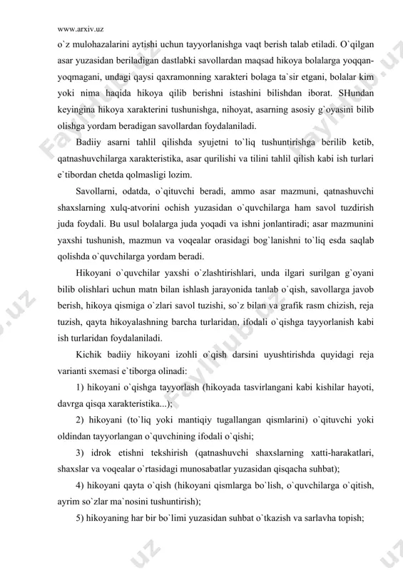 tugallangan qismlarini) o`qituvchi yoki oldindan tayyorlangan o`quvchining ifodali o`qishi; 3) idrok etishni tekshirish (qatnashuvchi shaxslarning xatti-harakatlari, shaxslar va voqealar o`rtasidagi munosabatlar yuzasidan qisqacha suhbat); 4) hikoyani qayta o`qish (hikoyani qismlarga bo`lish, o`quvchilarga o`qitish, ayrim so`zlar ma`nosini tushuntirish); 5) hikoyaning har bir bo`limi yuzasidan suhbat o`tkazish va sarlavha topish; 6) hikoyaning ayrim bo`limlarini ifodali o`qish; 7) reja asosida qayta hikoyalash; 8) hikoyani ifodali o`qishga yoki sahnalashtirishga tayyorlanish (sinfda yoki uyda); 9) hikoyani ifodali o`qish va ifodali qayta hikoyalash. bu hikoyani o`qish darsi rejasining varianti bo`lib, o`zgarishi ham mumkin. ammo shuni unutmaslik kerakki, badiiy hikoyani o`qish darsida uning mazmunini, asosiy fikrini bilish bilan birga, asarning tarbiyaviy (badiiy asar misolida o`quvchilarni tarbiyalash), xususan, estetik ta`siri ham ko`zda tutiladi va ifodali qayta hikoyalashga katta ahamiyat beriladi. ertak xalq og`zaki ijodida eng keng tarqalgan janr bo`lib, ularda kishilar hayotida uchraydigan oddiy hodisalar va fantastik sarguzashtlar hikoya qilinadi. ertaklarning ko`pida real hayot tasviri fantastik elementlar bilan …
