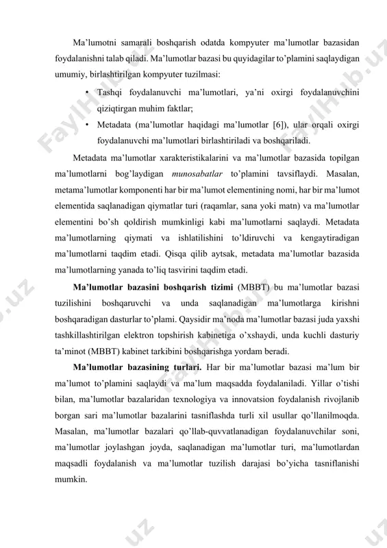 a tasniflanganligini aniqlaydi. bitta foydalanuvchi ma’lumotlar bazasi bir vaqtning o’zida faqat bitta foydalanuvchini qo’llab-quvvatlaydi. boshqacha aytganda, agar a foydalanuvchisi ma’lumotlar bazasidan foydalansa, b va c foydalanuvchilari a foydalanuvchisini kutib turishlari kerak. bunga javoban, ko’p foydalanuvchi ma’lumotlar bazasi bir vaqtning o’zida bir nechta foydalanuvchilarni qo’llab-quvvatlaydi. ko’p foydalanuvchi ma’lumotlar bazasi nisbatan kam miqdordagi foydalanuvchilarni (odatda 50 dan kam) qo’llabquvvatlasa, tashkilotning ishchi guruhi ma’lumotlar bazasi deb ataladi. ma’lumotlar bazasi butun tashkilot tomonidan ishlatilganda va ko’plab bo’limlarda (50 dan ortiq, odatda yuzlab) foydalanuvchilarni qo’llab-quvvatlasa, ma’lumotlar bazasi korxona bazasi deb nomlanadi. joylashuv ma’lumotlar bazasini tasniflash uchun ham ishlatilishi mumkin. masalan, bitta saytda joylashgan ma’lumotlarni qo’llab-quvvatlaydigan ma’lumotlar bazasi markazlashtirilgan ma’lumotlar bazasi deb ataladi. bir nechta turli saytlarda tarqatilgan ma’lumotni qo’llab-quvvatlaydigan ma’lumotlar bazasi taqsimlangan ma’lumotlar bazasi deb ataladi. markazlashtirilgan va markazlashtirilmagan (tarqatilgan) ma’lumotlar bazasi ma’lumotlar bazasini amalga oshirish va boshqarish uchun aniq belgilangan infratuzilma (apparat, operatsion tizimlar, tarmoq texnologiyalari va boshqalar)ni talab qiladi. odatda, infratuzilmaga ma’lumotlar bazasini …