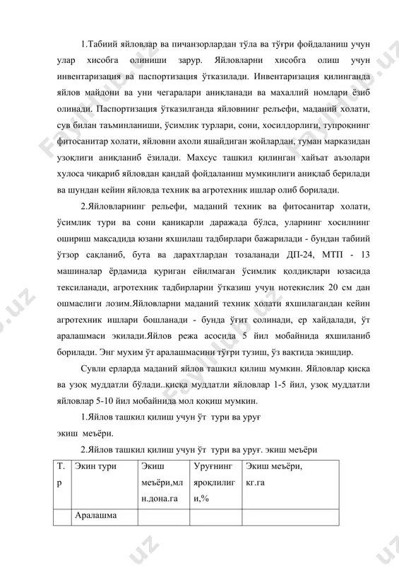 87,3 10,0 жами 16,0 37,0 2 беда 8,0 88,2 17,0 кўп ўримли мастак 5,2 85,5 13,0 оқ сўхта 2,8 86,4 4,0 жами 16,0 34 3 беда 8,0 88,2 17,0 кўп ўримли мастак 3,0 85,5 7 яйлов мастаги 3,0 87,3 7,0 оқ сўхта 2,0 86,4 3,0 жами 16,0 34,0 4 беда 8 88,2 17 кўп ўримли мастак 4 85,5 10,0 қилтиқсиз костер 4 85,5 16,0 5 беда 8 88,2 17,0 кўп ўримли мастак 3 85,5 7 яйлов мастаги 2 87,3 5,0 қилтиқсиз костер 3 85,5 12,0 жами 16 41 6 беда 8 88,2 17,0 кўп ўримли мастак 3 85,5 7 яйлов мастаги 1,5 87,3 3,0 қилтиқсиз костер 2,5 85,5 10,0 оқ сўхта 1,5 86,4 2,0 жами 16 40 7 беда 5,6 88,2 12,0 қизил себарга 2,4 88,2 5,0 кўп ўримли мастак 3 85,5 7,0 яйлов мастаги 2,5 87,3 6,0 қилтиқсиз костер 2,5 85,5 10,0 жами 16 40 изох:экиш меъёри уруғчанлиги100% бўлган …