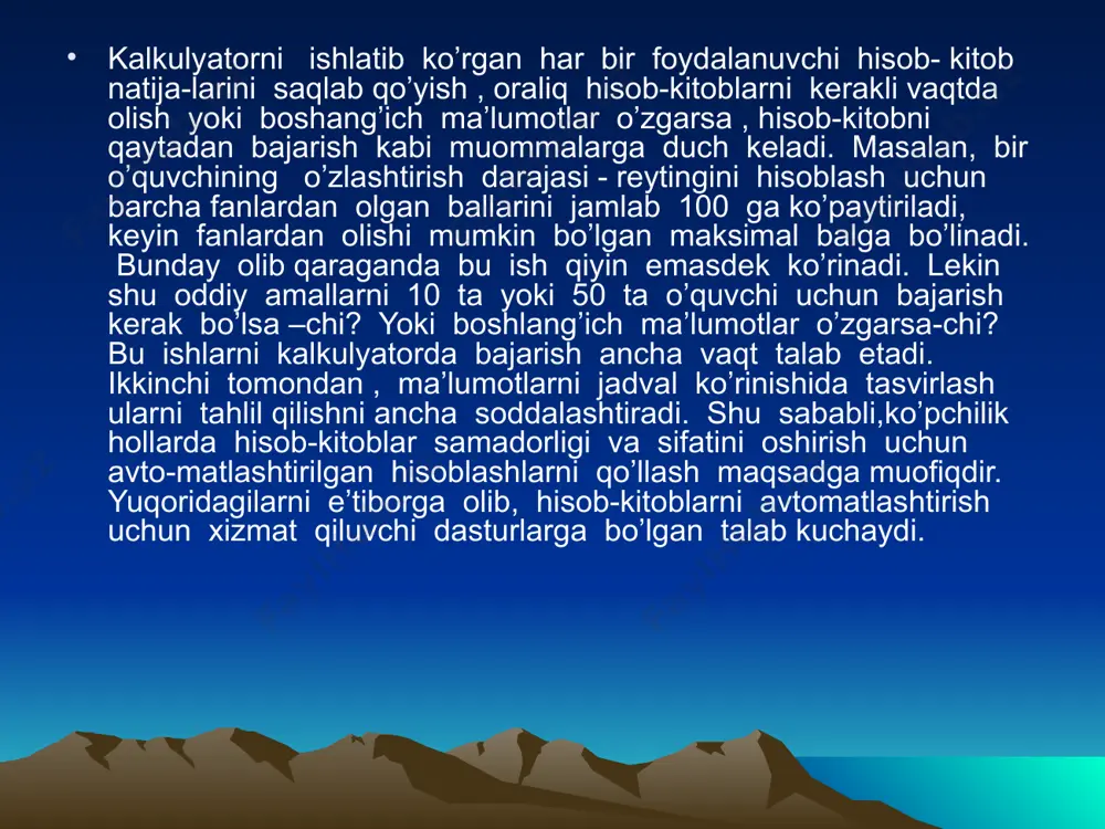 larning imkoniyatlariga bog’liq bo’ladi. supercals4 elektron jadvali varag’ida satrlar 9999 ta va ustunlar 255 ta bo’lgani uchun katakchalar soni 9999*255=2549745 ta, excel elektron jadvali varag’ida 16384*256 =4194304 (65536*256=16777216) ta katakcha bo’ladi. elektron jadvallarda bir katakchadan boshqa joyga murojaat qilish mumkin. murojaat- bu formula yozishda qo’llanilayotgan katakcha, satr yoki ustun yoxud katakchalar blokining (shu varaqdagi, boshqa varaqdagi, boshqa kitobdagi) adresidir. elektron jadvallarda ikki xil: nisbiy va absolyut murojaat qo'llaniladi. shuni yodda tutingki, murojaat boshqa fayl yoki varaqda ham bo’lishi mumkin. nisbiy murojaatda formula nusxasidagi katakchalar adreslari nusxa joylashtirilayotgan katakchaga mos holda o’zgaradi. masalan, a2 katakchadagi a1+b4 yig’indining a3 katakchaga nusxasi a2+b5, a7 katakchaga nusxasi a6+b9, f17 katakchaga nusxasi d16+e19 kabi o’zgarib joylashadi. absolyut murojaatda katakcha adresi o’zgarmaydi. elektron jadvallarda absolyut adres xususiyatini ifodalash uchun maxsus belgidan (exselda-$) foydalaniladi. masalan, a2 katakchadagi a1+$b$4 yig’indining f17 katakchaga nusxasi d16+$b$4, c7 katakchadagi b3-c$6 ayirmaning f9 katakchaga nusxasi e5-f$6, l11 katakchadagi d6*$c3 ko’paytmaning m14 katakchaga …