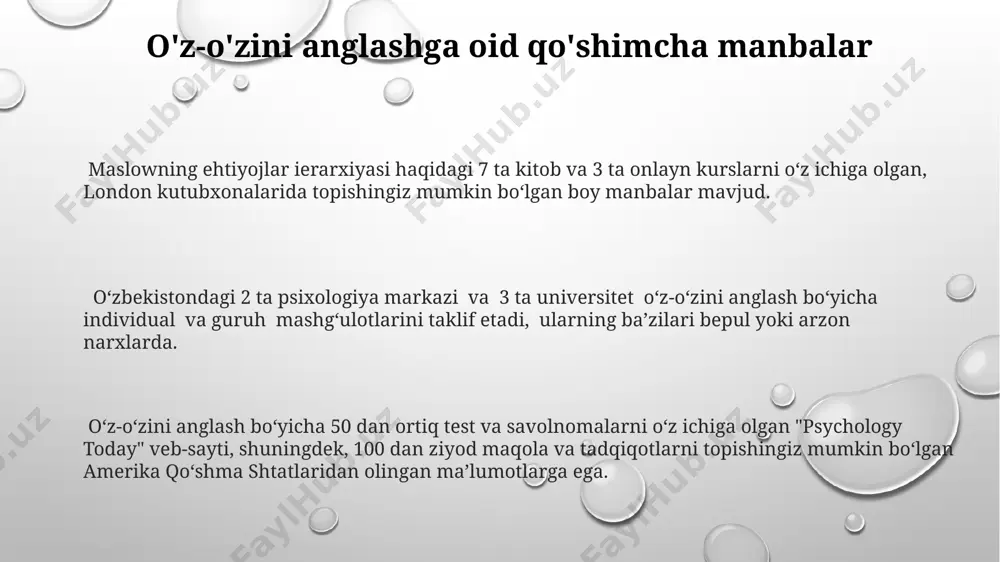 ixologiyada, masalan, toshkent shahridagi klinikalarda qo'llaniladi. oʻzbekistonda oʻtkazilgan 2022-yilgi tadqiqotlar shuni koʻrsatdiki, 500 nafar ishtirokchidan 30 foizi maslowning oʻz-oʻzini anglash ehtiyojlari shkalasi boʻyicha yuqori natijalarga erishgan, bu esa mamlakatning ijtimoiy-iqtisodiy rivojlanish darajasiga bogʻliq. personal potential inventory (ppi) testi kabi ba'zi testlar 16 ta shaxsiy xususiyatni o'lchaydigan 240 ta savoldan iborat bo'lib, natijalar shaxsning o'z-o'zini anglash darajasini aniqlashga yordam beradi, shuningdek, aqshda keng qo'llaniladi. test natijalariga ko'ra o'z ustida ishlash test, sizning ijodiy potentsialingizni 10 balldan 4 ball deb baholagan bo'lsa, xorazm viloyatida o'tkaziladigan "ijodiy yozish" bo'yicha 3 oylik onlayn kurslarga yozilishingiz, yangi ko'nikmalarni egallash va o'z imkoniyatlaringizni kengaytirishingiz mumkin. test natijalari, masalan, 5-ball shkalasi bo'yicha 2 balldan kam natija ko'rsatgan bo'lsangiz, o'z-o'zini boshqarish ko'nikmalarini rivojlantirish uchun, masalan, "7 habits of highly effective people" kitobi yordamida, stephen covey uslubida samarqandda o'tkaziladigan treninglarga yozilishingiz mumkin. agar test natijalari sizning ijtimoiy ehtiyojlaringizni qondirish darajasi pastligini ko'rsatsa (masalan, 3 balldan kam), toshkentdagi psixologik markazlarga …
