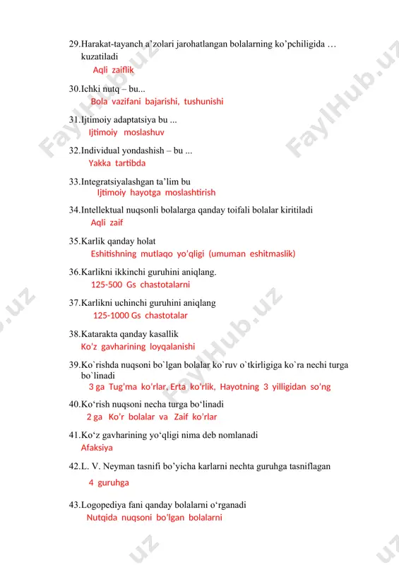 bolalarning ta’lim-tarbiyasi bilan qaysi fan shug‘ullanadi logopediya 54. og‘zaki nutq buzilishlari necha qismga bo‘linadi 4 qismga 55. oligofrenopedagogika qanday nuqsonli bolalarni o‘rganadi aqli zaif 56. ovoz buzilishidagi nuqsonlarni to‘g‘ri qatorini ko‘rsating 57. ovoz buzilishlari nechchaga bo‘linadi 3 ga afaniya, disfoniya, fonosteniya (rinofoniya) 58. qanday kasallik oqibatida bolaning xarakat-tayanch a’zolari jarohatlanadi 59. qanday sindromli bolalarni “quyoshli bolalar” deb aytiladi daun sindromli 60. qaysi atama haqida ta’lim-tarbiya jarayonida sog`lom sezgi a’zolariga tayanish yoki qisman buzilgan funksiyalarni qayta qurish orqali me’yordan chiqqan analizator o`rnini to`ldirish kompensatsiya 61. qaysi fan nutq nuqsoniga ega bo‘lgan bolalar ta’lim-tarbiyasi bilan shug‘urlanadi logopediya 62. qaysi nutq buzilishi asosan insultdan keyin uchraydi sensoz afaziya 63. qaysi toifadagi murakkab nuqsonli bolalarni inklyuziv ta’limga jalb etish mumkin 64. quyidagi tasnif qaysi kategoriyadagi eshitishda nuqsoni bo‘lgan bolalarga taaluqli 1-daraja eshitishni 50 dbgacha yo‘qotish bunday bola 1mdan ortiq masofadagi nutqni farqlaydi 2-daraja eshitishni 50-70 dbgacha yo‘qotish bunday bola 1mgacha masofadagi nutqni farq qiladi3-daraja …