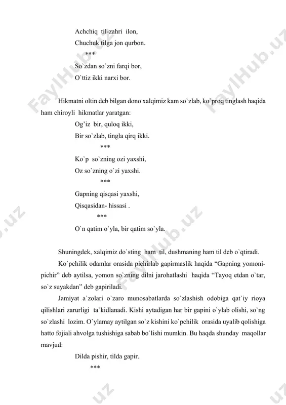 r ta`siri tilga singar. asarda didaktik xarakterdagi she`rlar anchagina. ularda yaxshi fazilatlarni kasb etish lozimligi, o`ch , kekdan saqlanish, kishilarga yaxshilik qilish kerakligi, tildan faqat yaxshi so`z chiqarishga odat qilish ma`qul ekanligi qayta uqtirilgan. “ardam boshi til” (“odab boshi til”) deb ta`kidlaydi mahmud qoshg’ariy. u tilning jamiyatdagi o`rniga katta e`tibor beradi. nutq madaniyati masalalariga bag’ishlangan ilk yozma yodgorliklardan biri yusuf xos hojibning “qutadg’u bilig” asaridir. balosog’unda tug’ilgan, adib ushbu kitobni koshg’arda yozib tugatadi va mashriq podshosi tavg’ochxonga taqdim etadi. chinliklar “odobul muluk”, mochin podshohining zodagonlari “oyinul mamlakat”, mashriqliklar “ziynatul ularo”, eronliklar “shohnomai turkiy”, ba`zilar “pandnomai muluk” deb ataydigan bu kitob “qutadg’u bilig” dir. “qutadg’u bilig” xalq og’zaki ijodi traditsiyalari ta`sirida vujudga kelgan yozma adabiyotning ilk yirik yodgorliklaridan biridir. dostonning mazmuni ham, uning tili va badiiy xususiyatlari ham shundan dalolat beradi. “yusuf xos hojib “qutadg’u bilig” da juda ko`p xalq maqollari va himkatli so`zlarini ishlatadi va “turkcha masal”, “turklar so`zi” deb …