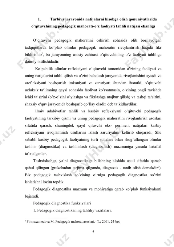 jarayondagi yutuq va kamchiliklaming kelib chiqish sabablari va oqibatlarini, ularning o'zaro bog’lanishlarini aniqlash va chora tadbirlar ishlab chiqishga qaratilgan. aslida diagnostik funksiya o'quvchining ta‘lim olganligi, tarbiyalanganligi va rivojlanganligini aniqlash uchun qo'llaniladi, biroq, o'qituvchining ham kasbiy komponentlik darajasini o'rganishda muhim ahamiyat kasb etadi. pedagogik diagnostikaning baholash vazifasi ma‘muriyat tomonidan olib borilib, alohida o'qituvchi yoki alohida o'quvchi faoliyatida erishgan yutuqlar va kamchiliklar yuzasidan sifat ko'rsatkichlarni miqdor jihatdan baholaydi. diagnostikaning korreksion vazifasi o'quv - tarbiyaviy jarayonni o'qituvchining pedagogik faoliyati yuzasidan korreksiyalashni (to'g'ri yo'naltirish) ta‘minlaydi va o'qituvchining kasbiy jihatdan o'z - o'zini rivojlantirish va pedagogik mahoratini oshirish uchun sidqidildan kirishishga faolligini ta‘minlaydi. diagnostikaning yo 'nalishni oriyentatsion (aniqlash) vazifasmmg maqsadi pedagogik jamoa va alohida o'qituvchilar faoliyatida mavjud bo'lgan muammolarni uzluksiz hal etishni muvofiqlashtirib borishdir. pedagogik diagnostikaning oriyentatsion vazifasi natijalari haqida doimiy xabarlami informatsion (axborot) vazifa ta‘minlaydi. shu o'rinda diagnostika (tashhis) va diagnostikalash (tashhislash) tu- shunchalarining farqi va qanday ma‘no berishini bilish lozim. diagnostikani soddalashtirilgan ko'rinishda …