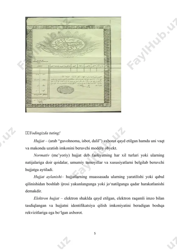 iya). 16. hujjat turining nomi. 17. nazorat haqida qayd. 18. matn. 19. ilova mavjudligi haqida qayd. 20. imzo. 21. kelishuv ustxati. 22. rozilik belgisi (viza). 23. muhr. 24. nusxaning tasdiqlanishi haqidagi qayd. 25. ijrochining familiyasi va telefon raqami. 26. hujjatning bajarilganligi va uni uning hujjatlar yig‘majildiga yo‘naltirilganligi haqidagi qayd. 27. axborot ichki serverga joylashtirilganligi haqidagi qayd. 28. hujjat kelib tushganligi haqida qayd. hujjat tayyorlashda nimalarga e’tibor berish kerak? 1. hujjatlarning aksariyati a4 formatdagi qog‘ozda tayyorlanadi, umumiy tarzda qabul qilingan shaklda va ma’lum tartibda tuziladi. 2. hujjatning yaxlit va uzluksiz matni uni tusunishni qiyinlashtiradi, shuning uchun matnni mazmun jihatdan abzas (xat boshi) larga bo‘lish maqsadga muvofiq. 3. ish hujjatlarida yakka shaxsga murojaat qilinganda “siz” kishilik olmoshi bosh harf bilan yoziladi. 4. sonlar ish hujjatlarida raqamlar bilan yoziladi. pul bilan bog‘liq hujjatlarda (dalolatnoma, ishonchnoma, tilxat) – raqamlar va qavs ichida so‘zlar bilan ifodalanadi. 5. tartib son arab raqami bilan ifodalanganda -nchi (-inchi) …