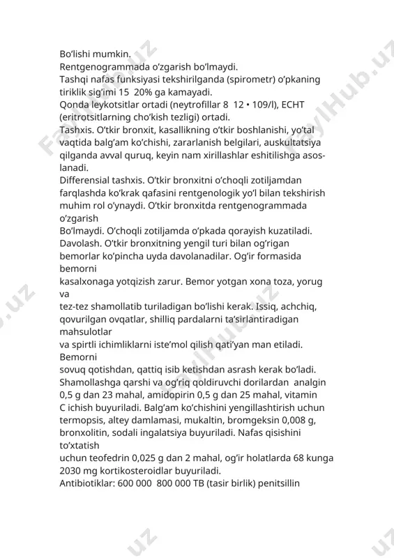 ingalatsiya buyuriladi. nafas qisishini to’xtatish uchun teofedrin 0,025 g dan 2 mahal, og’ir holatlarda 6�8 kunga 20�30 mg kortikosteroidlar buyuriladi. antibiotiklar: 600 000 � 800 000 tb (ta�sir birlik) penitsillin har 4�6 soatda mushak ostiga yuboriladi. 0,5 g dan streptomitsin, 1000 000 tb gacha oleandomitsin fosfat, sezuvchanlikni aniqlash buyuriladi. sulfanilamid preparatlaridan: etazol 0,5 g 4 mahal, sulfa- dimetoksin 0,5 g dan 3�4 mahal ichish buyuriladi (bemorda qarshi ko’rsatmalar bo’lmasligi kerak). surunkali bronxitlar surunkali bronxit, ko’pincha, o’z vaqtida davo qilinmagan va davosi oxirigacha olib borilmagan o’tkir bronxitning oqibati surunkali bronxitning sabablari: o’z vaqtida davolanmaslik, oxirigacha davolanmaslik, organizmning zaiflashib qolishi, chekish; sovqotish; zararli bug’lar, gazlar, kimyoviy moddalar, xronik pnevmoniya, uremiya, qonning yaxshi aylanmasligi. xronik bronxitlarda zo’rayib boradigan tarqoq yallig’lanish kuzatiladi, ba’zi sturuktura o’zgarishlar boshlanishi ham mumkin: bronx- larning yupqa tortib qolishi, bronx yo’lining kengayib ketishi shular jumlasidandir. tasnifi (a.kokosov va v.a.gerasin, 1984): i. yallig’lanish xarakteriga qarab: � kataral surunkali bronxit; � yiringli …