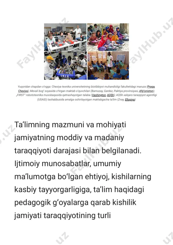 id_africa.jpg https://uz.m.wikipedia.org/wiki/fayl:early_childhood_education_usaid_africa.jpg https://uz.m.wikipedia.org/wiki/praga https://uz.m.wikipedia.org/wiki/chexiya https://uz.m.wikipedia.org/wiki/afg%ca%bboniston https://uz.m.wikipedia.org/wiki/vashington https://uz.m.wikipedia.org/wiki/aqsh https://uz.m.wikipedia.org/wiki/efiopiya bosqichlarida taʼlimning mohiyati, metodi, tashkiliy shakllari oʻzgarib borgan (qarang pedagogika). taʼlim mohiyat-eʼtibori bilan dars berish jarayonini, yaʼni pedagog (oʻqituvchi) faoliyatini, umuman oʻquvchining bilish, oʻrganish faoliyatiga rahbarlik qilishni hamda uqish jarayonini, yaʼni oʻquvchi faoliyatini bildiradi. taʼlim jarayoni taʼlim beruvchi – oʻqituvchi va taʼlim olayotgan oʻquvchilar faoliyatining yigʻindisidan iborat. taʼlim va tarbiya jarayonida shaxsning sifatlari, dunyoqarashi, qobiliyati oʻsadi. taʼlim avlodlar oʻrtasidagi maʼnaviy vorislikni taʼminlaydi: https://uz.m.wikipedia.org/wiki/pedagogika kishilarning ijtimoiy-tarixiy tajribalari yosh avlodga taʼlim orqali oʻtadi. taʼlim haqida turli nazariyalar mavjud. baʼzi nazariyalar taʼlimni jamiyatning ijtimoiyiqtisodiy tuzilishiga bogʻliq boʻlmagan hodisa sifatida baholasalar (qarang pedotsentrizm), baʼzisi taʼlimning sinfiy xarakterga ega ekanligini, u jamiyatning har bir aʼzosida muayyan siyosiy, falsafiy, axloqiy, huquqiy qarashlarni shakllantirish maqsadi sari karatilganligini taʼkidlaydi. taʼlimning maqsadi obyektiv hayot talablariga muvofiq holda oʻzgarib borgani kabi, taʼlimning xarakteri, yoʻnalishi ham uning maqsadiga muvofiq https://uz.m.wikipedia.org/wiki/pedotsentrizm oʻzgarib boradi. taʼlim dialektik tarzda taraqqiy etib boradigan ichki ziddiyatlar jarayonidir. taʼlim bilish …