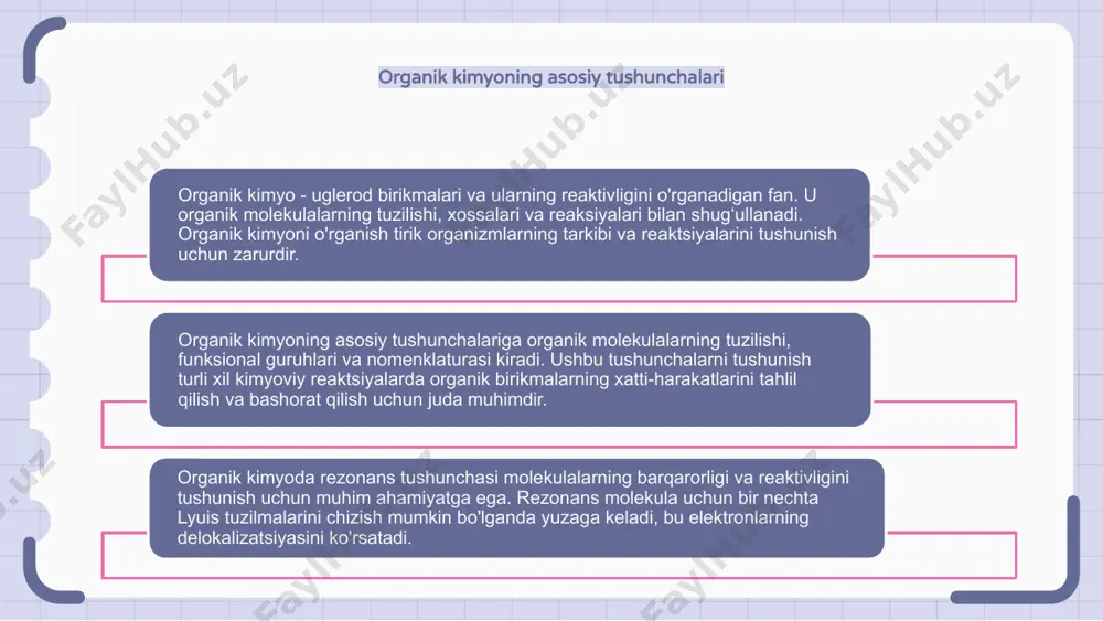 mkonini beradi. organik sintez: retrosintez organik sintez - bu oddiy boshlang'ich materiallardan organik birikmalar yaratish uchun ishlatiladigan jarayon. retrosintez organik sintezning asosiy tushunchasi bo'lib, bu erda kerakli maqsadli molekula oddiyroq boshlang'ich materiallarga bo'linadi. ushbu bosqichma-bosqich yondashuv kimyogarlarga kerakli molekulaga erishish uchun ko'p bosqichli sintez yo'llarini rejalashtirish va amalga oshirish imkonini beradi. organik kimyoning qo'llanilishi organik kimyo yangi dori vositalari va dori vositalarini yaratishda hal qiluvchi rol o'ynaydi. u o'ziga xos xususiyatlar va funktsiyalarga ega bo'lgan organik birikmalarni loyihalash va sintez qilish uchun ishlatiladi. organik kimyo polimerlar va plastmassalar ishlab chiqarishda ham qo'llaniladi. bu kerakli mexanik, termal va kimyoviy xususiyatlarga ega materiallarni yaratishga imkon beradi. bundan tashqari, organik kimyo pestitsidlar va o'g'itlar kabi agrokimyoviy moddalarni ishlab chiqishda qo'llaniladi. bu ekinlarni zararkunandalardan himoya qiladigan va ularning o'sishini kuchaytiradigan birikmalarni loyihalashda yordam beradi. e'tiboringiz uchun rahmat