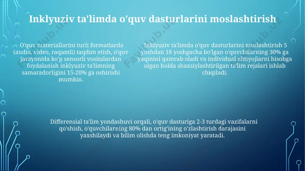 v maktablarda kamida 3 turdagi qo'llab-quvvatlash xizmatlari mavjud: psixologik, logopedik va ergonometrik yordamlar. bu xizmatlar o'quvchilarning individual ehtiyojlariga moslashtiriladi. inklyuziv ta'limning kelajagi inklyuziv ta'limning kelajagi, differensial o'qitish va hamkorlikdagi o'rganish kabi innovatsion pedagogik yondashuvlarni qo'llagan holda, o'quv natijalarini 25% ga yaxshilashga olib kelishi mumkin. inklyuziv ta'limning kelajagi sun'iy intellekt texnologiyalari, masalan, shaxsiylashtirilgan o'quv dasturlarini yaratish orqali, 2030 yilga kelib 50% ga samaradorligini oshirishi mumkin. inklyuziya modeli bo'yicha 2025 yilga kelib dunyo bo'yicha kamida 70% maktablar inklyuziv ta'lim prinsiplarini o'zlashtirib, o'quvchilarning o'ziga xos ehtiyojlarini qondirishi kutilmoqda. inklyuziv ta'limning xususiyatlari inklyuziv ta'lim muhiti o‘quvchilarning ijtimoiy-emotsional rivojlanishiga ijobiy ta’sir ko‘rsatadi va tengdoshlararo o‘zaro hurmat, 80% gacha hamkorlik va qabul qilish darajasini oshiradi. inklyuziv ta'limning asosiy xususiyatlaridan biri, kamida 3 xil o‘quv ehtiyojlariga ega bo‘lgan 15 nafargacha o‘quvchini bir sinfda o‘qitishni o‘z ichiga oladi va ularning har biri uchun individual yondashuvni ta’minlaydi. inklyuziv ta'limning asosiy xususiyatlaridan biri, kamida 3 xil o‘quv ehtiyojlariga ega bo‘lgan …