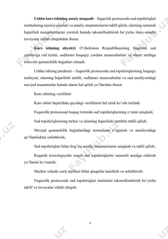 tizimi va uning vazifalari 1.1. fuqarolik sud ishlarini yuritishning nazariy asoslari fuqarolik sud ishlarini yuritish tushunchasi bevosita fuqarolik ishlarini sudda ko'rish mazmuni va shaklini ifodalaydi hamda fuqarolik protsessual qonun hujjatlarida uning quyidagi turlari: buyruq tartibidagi ishlarni, da'vo tartibidagi ishlarni, alohida tartibda yuritiladigan ishlarni, hakamlik sudining hal qiluv qarori bilan bog'liq ishlarni va chet davlat sudlarining hamda chet davlat hakamlik sudlarining (arbitrajlarining) hal qiluv qarorlarini tan olish va ijroga qaratish bilan bog'liq ish yuritish turlari mavjudligi ko'rsatilgan. shuningdek, fuqarolik protsessual kodeksiga kiritilgan 231-bob. korxonalar, muassasalar, tashkilotlar, jamoat birlashmalarining ma'muriy va boshqa ommaviy huquqiy munosabatlardan yuzaga kelmaydigan qarorlari hamda ular mansabdor shaxslarining shunday harakatlari (harakatsizligi) yuzasidan nizolashish toʻg'risidagi ishlarni yuritish» ham sud ishlarini yuritishning bir turi sifatida o'ziga xos xususiyatlarga ega. o'zbekiston respublikasi fuqarolik protsessual kodeksining 4-moddasida fuqarolik sud ishlarini yuritish vazifalari ko'rsatilgan bo'lib, unga ko'ra, fuqarolarning shaxsiy, siyosiy, iqtisodiy va ijtimoiy huquqlarini, erkinliklari va qonuniy manfaatlarini, o'zbekiston respublikasining huquqlari va manfaatlarini, …