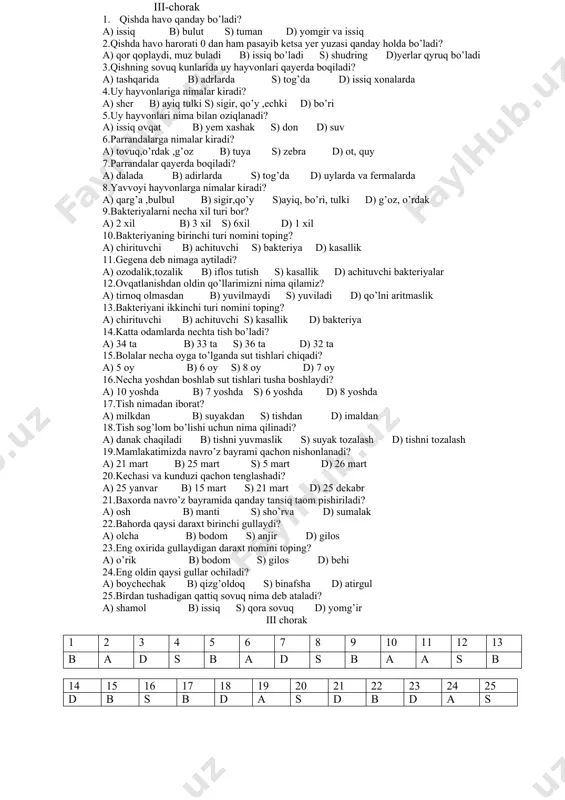 kishga tayyorlashadi b) dam olishadi s)uzum uzadi d) paxta terishadi 6.qish bo’yi uxlab yotgan hashoratlar qachon uyg’onadi? a) qishda b) bahorda s) yozda d) kuzda 7.hashoratlar necha guruxga bo’linadi? a) 3ta b) 4ta s)5 ta d) 2ta 8.qo’ng’izlarni may oyida uchib chiqadigan turi nima deb ataladi? a) may qo’ng’izi b) asalari s) chivin d) chumoli 9.qaysi hashoratlar foydali? a) hashoratlar b) pashsha s) asalari,cumolilar d) chivin ,qurtlar 10.qaysi hashoratlar zararli? a) asalari b) sariqarilar s) chivin,pshsha d) chumoli 11.yoqimli va chiroyli sayrovchi qush nomini toping? a) chumchuq b) qarg’a s) ukki d) bulbul 12.bulbul nechtadan tuxum qo’yadi? a) 4-5ta b) 6-7ta s) 9-10ta d) 7-8ta 13.tuxumlari necha kunda ochib chiqadi? a) 15-14 kun b) 16-17 kun s) 13-14 d) 17-18 kun 14.jo’jasini necha kundan keyin uchurma qiladi? a) 15 kunda b) 16 kunda s) 18 kunda d) 17 kunda 15.laylak va turna oyoqlari qanday bo’ladi? a) kalta b) uzun s) …