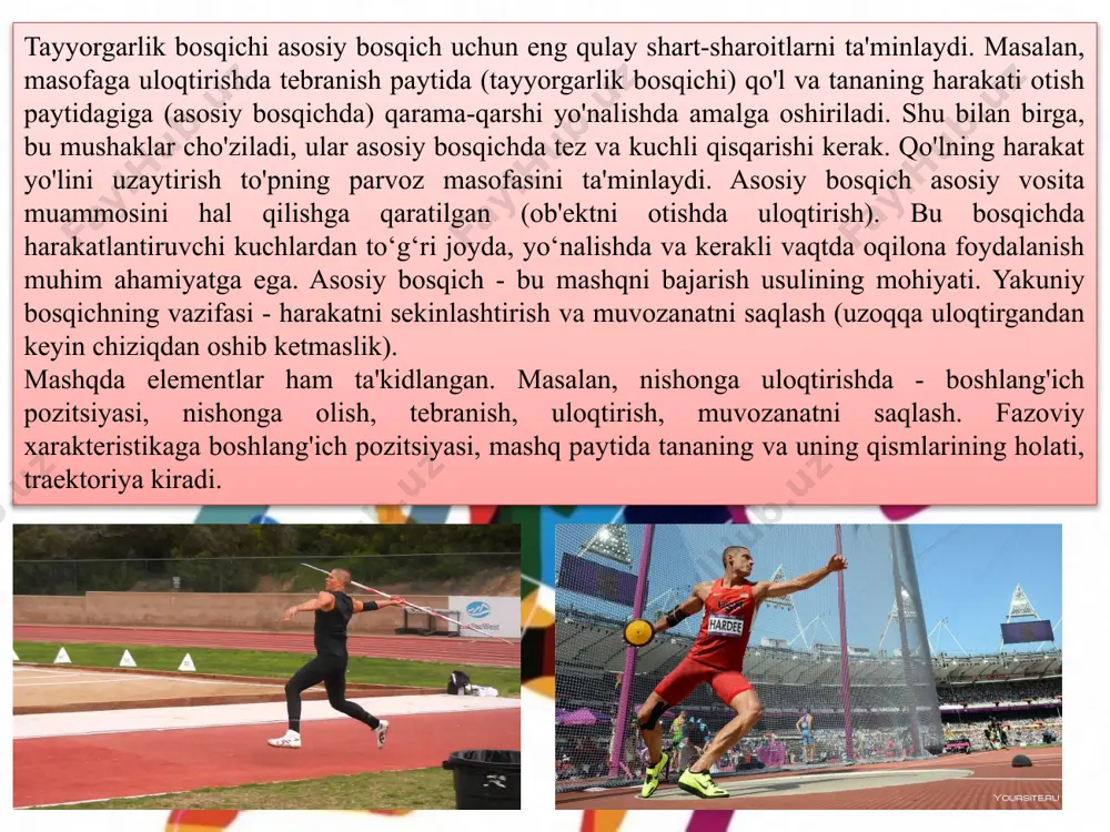 qitish usuliyatidan so’ng qo’llaniladi. jismoniy mashq texnikasini takomillashtirish uni to’la bajarish orqali amalga oshiriladi. harakat faoliyatini bir butunligiga o’zlashtirish harakat faoliyatini bajarib ko’rish, sinash (oprobirovanie)da eng qulay usuldir. aksariyat harakat faoliyatlari shunchalar soddaki, ularni bo’laklarga ajratib o’qitish vaqtni behuda sarflash demakdir, shuning uchun harakat holatini to’la o’rgatish amaliyotda ko’proq qo’llaniladi. ayrim harakat faoliyatlarini biz xali ilmiy ravishda bo’laklarga ajrata olmaymiz, shuningdek, o’zini to’la oqlagan yo’llanma beruvchi mashqlar tizimini ham hozircha ishlay olganimizcha yo’q. o`rgatish jarayonining umumiy yo`nalishi mashq texnikasi negizini va uning variantlarini (mashq negizi puxta egallangandan keyin) mustahkam o`zlashtirishdan iboratdir. o`rgatish jismoniy sifatlarning, avvalo, chaqqonlikning rivojlanib borishi bilan bir vaqtda davom etadi. harakatli mashqlarga o`rgatishning uzoq davom etishi va qiyinligi ko`p jihatdan mashq tuzilishining qay darajada murakkabligiga bog`liqdir. mashq tuzilishining murakkabligi, o`z navbatida, uni tashkil etuvchi harakatlarning miqdoriga, ularning masofa hamda vaqt jihatidan aniq bajarilishiga, mushaklarning zo`r berib aniq harakat qilishiga, shuningdek, ularning o`zaro aloqada bo`lishiga va harakat aktining …