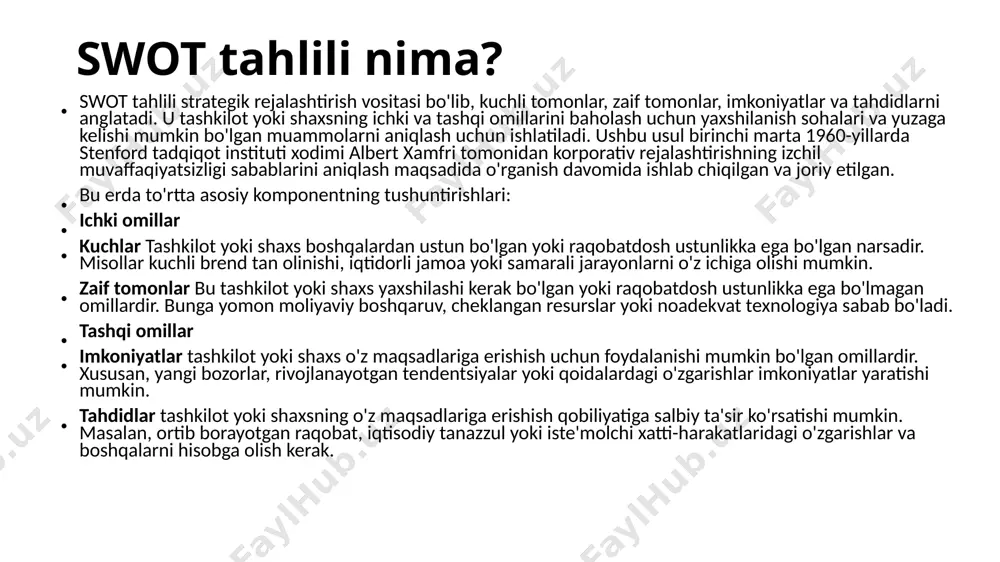 qilishi mumkin bo'lgan tez o'zgaruvchan texnologiya mehnat bozoridagi kuchli raqobat shaxsiy omillar (sog'liqni saqlash muammolari yoki shaxsiy rivojlanish uchun vaqt va energiyaga ta'sir qilishi mumkin bo'lgan oilaviy majburiyatlar) ijtimoiy tarmoqlarning swot tahliliga misol turli avlodlarda ijtimoiy media platformalaridan foydalanish o'zgarganligi sababli, kompaniya barcha turdagi platformalardan foydalanishi kerakmi yoki ba'zilariga e'tibor qaratish kerakmi, deb o'ylashi kerak bo'lishi mumkin. xo'sh, tahlilingizda nimani yoritishingiz kerak? sizning kompaniyangiz uchun qaysi ijtimoiy media platforma(lar)dan foydalanishni aniqlashda e'tiborga olish kerak bo'lgan swot tahlilining ba'zi misollari kuchli jihatlar turli demografik ma'lumotlarga ega bo'lgan katta foydalanuvchi bazasi •kuchli brend tan olinishi va obro'si •keng auditoriyani tez va oson qamrab olish qobiliyati *korxonalar va tashkilotlar uchun turli xil reklama imkoniyatlarini taklif etadi •funksiya va funksiyalarni doimiy ravishda yangilab turish va takomillashtirish zaiflik •buzg'unchilik va xavfsizlik buzilishiga qarshi zaiflik •noto'g'ri ma'lumotlar va soxta yangiliklarning tez tarqalishi ehtimoli •foydalanuvchilarning ruhiy salomatligi va farovonligiga salbiy ta'sir •foydalanuvchi ma'lumotlari va tahlillari uchun uchinchi …