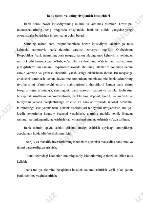 imining rivojlanishini tahlil qilib qaraydigan bo‘lsak, uning rivojlanishining quyidagi bosqichlarini keltirish mumkin: – birinchi bosqich xix asrning oxiridan 1930-32 yillargacha bo‘lgan davrni o‘z ichiga oladi. bu davr ichida oldingi mavjud bo‘lgan banklar zaminida sobiq sovet ittifoqining kredit tizimi tashkil qilindi. bu davrda 30-yillarda iqtisodning rivojlanishiga mos keluvchi banklar: tarmoq banklari, o‘lka banklari, tijorat banklari, maxsus banklar, davlat banklari kabi banklar faoliyat ko‘rsatgan; – ikkinchi bosqich 1932 yildan 1959 yillargacha bo‘lgan davrni o‘z ichiga oladi. bu davrda banklar faoliyatida o‘zgarishlar yuz berdi va banklar veksel orqali kreditlashdan (o‘sha davrlarda bu kreditlash amaliyotda «egri» kreditlash deb nom olgan) to‘g‘ridan-to‘g‘ri korxonalarni kreditlashga o‘tkazilgan. bu davrda xo‘jaliklar o‘rtasidagi vazifalar taqsimlangan va iqtisodiyot sohalari bo‘yicha banklar tashkil qilingan hamda bu banklar faqat shu sohalarni uzoq muddatli kreditlash va moliyalashtirish bilan shug‘ullangan. davlat banki esa asosan qisqa muddatli kreditlash jarayonlarini olib borgan; – uchinchi bosqich 1959 yildan 1988 yilgacha bo‘lgan davrni o‘z ichiga oladi. bu davrda …