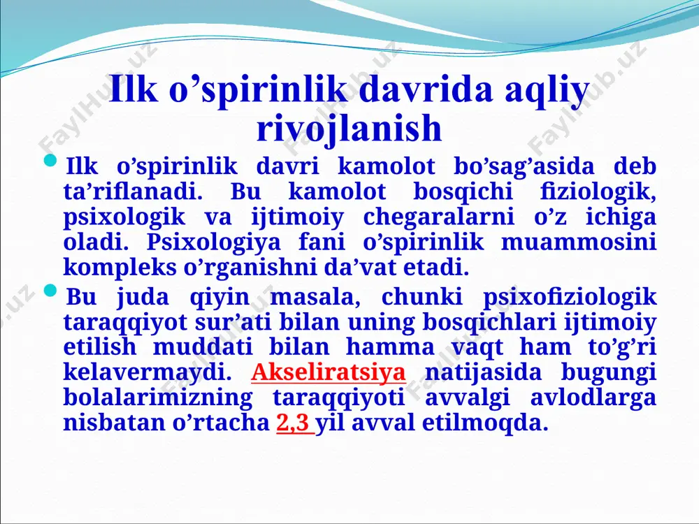 izoid (kamgap, hissiyotlari yorqin bo’lmagan) tiplarni joylashtirish mumkin ilk o‘spirinlikni o’rganishda sotsiogenetik yo‘nalish ijtimoiy psixologiyaning ta’siri bilan bogliq. nemis psixologi k.levinning «maydon nazariyasi» bo‘yicha insonning xulq-atvori, bir tomondan shaxsning, ikkinchi tomondan uni o’rab turgan muhitning funksiyasidir. lekin shaxs xususiyatlari va muhit xislatlari o‘zaro bogliq. bola oiladan, maktabdan tashqarida mavjud bola olmaydi, chunki bu ijtimoiy institutlar alohida olingan individlarsiz bo’lishi mumkin emas. levin shaxsiy va muhit tarkibiy qismlarining birligi va o‘zaro ta’sirini hayotiy yoki psixologik fazo deb ataydi. levin konsepsiyasining yutugligi shundaki, u o‘spirinlikni ijtimoiy-psixologik hodisa sifatida qaraydi, shaxsning psixik taraqqiyotini uning ijtimoiy holatining o‘zgarishi bilan boglaydi. ilk o‘spirinlik biogenetik va sotsiogenetik yo‘nalishlarining umumiy xususiyati shundaki, taraqqiyotning manbaalari va harakatga keltiruvchi kuchlarini ular psixik omillardan tashqarida izlaydilar. birinchi holda organizmda ro‘y beradigan biologik jarayonlarga urg‘u beriladi, ikkinchisida shaxs ishtirok etadigan ijtimoiy jarayonlarga urg‘u beriladi. psixogenetik yo‘nalish har ikkala yo‘nalishning ahamiyatini kamaytirmagan holda, psixik jarayonlarning rivojlanishini birinchi olinga qo‘yadi. bu yo'nalishni uchga …