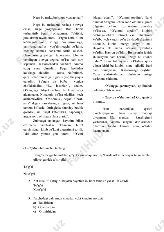 a umid qilishdan boshqa narsa qolmagani uchun shunday qilmoqchiman". maktub shunday umidsiz boshlangandi. ammo juda ibratli va hayratlantiruvchi bir shaklda yakunlangandi. hayoti azoblar ichida o'tgan yosh qizning o'lim to'shagida yozgan bu ibratli maktubini o'qishda davom etdim. - hurmatli ertug'rul bey, - deya murojaat qilgandi u. ushbu maktubimni xush ko'ring. chunki buni o'lim to'shagida yozyapman. o'lim to'shagidagi insonni qanchalar qayg'u ichida, muvozanatsiz bo'lishini yaxshi bilasiz. jumlalarim uzuq yuluq, yozuvlarim egri bugri. zero, bu maktubni adabiyot asari bo'lishi uchun yozayotganim yo'q. maqsadim shuki, insonlar buni o'qib, o'zlaridan uyalishsin, ko'chalarda qarovsiz qolgan kishilarga odamdek munosabatda bo'lishsin. men hamma narsamni - butun pokligimni, rostgo'yligimni, o'zligimni yo'qotdim. hamma yaxshi narsalarimni tortib olishdi. endi o'zimdan ham, boshqa narsalardan ham uyalaman. bu hayot boshqa birovda takrorlanishini xohlamayman. shuning uchun bu maktubni yozdim. men sog'lom odam emasman. o'limimga oldindan rozi bo'lganman. bu ishni o'zim bir daqiqa bo'lsa ham oldin tugatmoqchi edim. xullas, ortiqcha bir inson o'limni tanlamoqchi. bu …