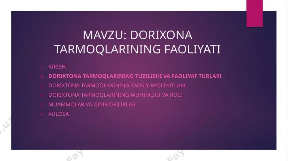 rixtonalar aholining sog'lig'iga bo'lgan ishonchini oshiradi. davolanish jarayonini qo'llab-quvvatlash: dorixtonalar dori-darmonlarni vaqtida taqdim etish orqali davolash jarayonini samarali qilishga yordam beradi. muammolar va qiyinchiliklar dori yetkazib berishdagi muammolar: dori tarmoqlaridagi yetkazib berish jarayonidagi qiyinchiliklar, dori narxlari oshishi, import qilishda cheklovlar. sifatni nazorat qilish: kam sifatli yoki noaniq manbadan kelgan dorilar muammosi, noto'g'ri saqlash sharoitlari. regulyatsiya va qonuniy me'yorlar: dori savdosining yuridik muammolari, farmatsevtika qonunlarini buzish. ishchi kuchining malakasi: farmatsevtika mutaxassislarining malakasini oshirish zarurati. xulosa dorixtona tarmoqlari tibbiyot sohasining ajralmas qismi bo'lib, bemorlarga sifatli va samarali dori-darmonlarni taqdim etishda muhim rol o'ynaydi. ular sog'liqni saqlashni yaxshilash, bemorlarga kerakli dori vositalarini vaqtida yetkazib berish va davolash jarayonini samarali amalga oshirishga yordam beradi. biroq, tarmoqlarda mavjud muammolarni hal qilish va malakali mutaxassislar bilan ishlash zarurati mavjud. farmatsevtika tizimini takomillashtirish va zamonaviy texnologiyalarni joriy qilish orqali dorixtona tarmoqlarining faoliyatini yaxshilash mumkin. e’tiboringiz uchun raxmat! image1.jpeg image2.png image3.jpg image4.jpg image5.jpg image6.jpg /docprops/thumbnail.jpeg