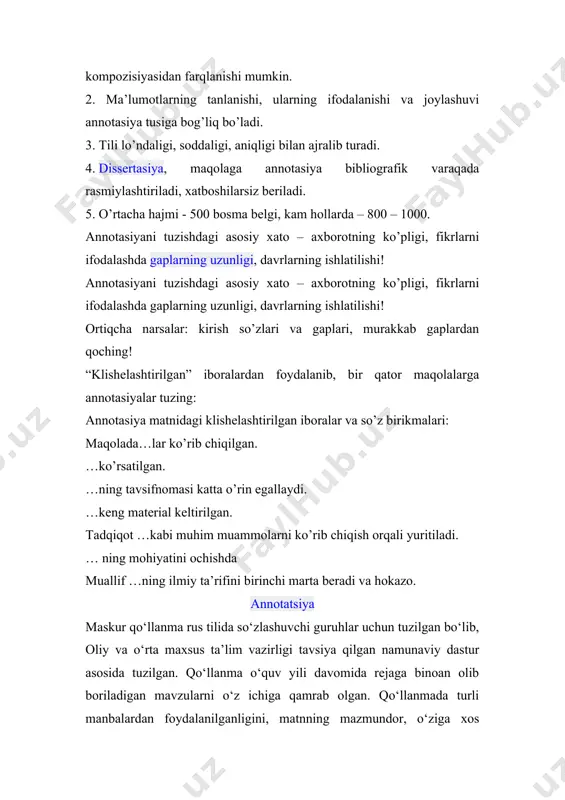 dek, dasturiy injiniring, iqtisod, telekommunikatsiya, axborot texnologiyalari, aloqa sohasi bilan bevosita bog‘liq matnlar ham o‘rin olgan. taqriz qanday yoziladi taqriz (arab. “ijobiy baho”) — yangi badiiy, ilmiy yoki ilmiy-ommabop asar tahlili; adabiy tanqid janri. taqrizda asarning bibliografik tavsifi, shuningdek, mazmuni, unda ko‘tarilgan muammolar, asarning g‘oyaviy- badiiy xususiyatlari, muallif ijodida, adabiyotda tutgan o‘rni haqida ma’lumot bo‘ladi; asarga baho beriladi, uning asosiy fazilatlari va nuqsonlari qayd qilinadi. taqriz asosan keng kitobxonlar ommasi uchun mo‘ljallanadi, ularni yangi asarlardan ogoh qiladi, zarurini tanlab olishga ko‘maklashadi. taqriz yozishda quyidagi tartibda ishlash tavsiya qilinadi: 1. taqriz yoziladigan matn (kitob, asar, maqola, ilmiy ish va h.k.)ni o‘qib chiqing. 2. matnni o‘qishdan olgan taassurotlaringizni yozib boring. 3. taqrizingiz qanday savolga javob bo‘lishi kerakligini aniqlab oling. 4. taqriz hajmini aniqlab oling. 5. taqrizning kirish qismiga asar (ish) nomi, muallifning ism-sharifini yozing. 6. asar (ish) haqida umumiy ma’lumotlar keltiring. 7. asar (ish)ning asosiy qismlari bo‘yicha xulosalaringizni ifodalang. 8. asar (ish) …