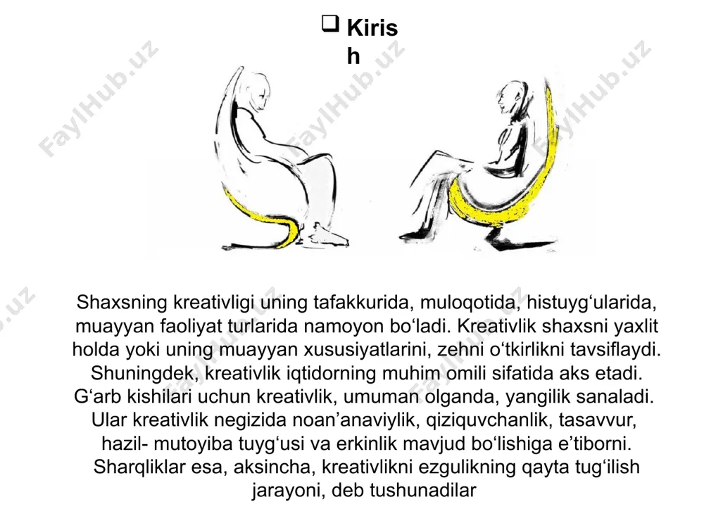 lar. kasbiy fantzaiyaga ega bo`lmagan pedagoglar ayni o‘rinda shuni alohida qayd etib o‘tish joizki, har bir shaxs tabiatan kreativlik qobiliyatiga ega. xo‘sh, ular o‘zlarida kreativlik qobiliyati mavjudligini qanday namoyon eta olishlari mumkin. bu o‘rinda patti drapeau shunday maslahat beradi: agarchi o‘zingizni kreativ emasman deb hisoblasangizda, hozirdanoq kreativ tafakkurni rivojlantirishga qaratilgan darslarni tashkil eta boshlashingizni maslahat beraman. aslida, gap sizning ijodkor va kreativ bo‘lganingiz yoki bo‘lmaganingizda emas, balki darslarni kreativlik ruhida tashkil etishingiz va yangi g‘oyalarni amalda sinashga intilishingizdadir. patti drapeau nuqtai nazariga ko‘ra kreativ fikrlash, eng avvalo, muayyan masala yuzasidan har tomonlama fikrlash sanaladi. har tomonlama fikrlash ta’lim oluvchilardan o‘quv topshirig‘i, masalasi va vazifalarini bajarishda ko‘plab g‘oyalarga tayanishni talab etadi. bundan farqli ravishda bir tomonlama fikrlash esa birgina to‘g‘ri g‘oyaga asoslanishni ifodalaydi. mushohada yuritishda masala yuzasidan bir va ko‘p tomonlama fikrlashdan birini inkor etib bo‘lmaydi. har tomonlama fikrlash binobarin, bir va har tomonlama fikrlash kreativlikni shakllantirishda birdek ahamiyat kasb etadi. …