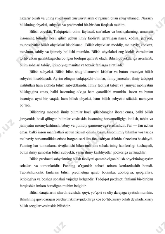 rqlashka imkon beradigan muhim belgidir. bilish darajalarini shartli ravishda: quyi, yo’qori va oliy darajaga ajratish mumkin. bilishning quyi darajasi barcha tirik mavjudotlarga xos bo’lib, xissiy bilish deyiladi. xissiy bilish sezgilar vositasida bilishdir. insonning sezgi a’zolari (ko’rish, eshitish, hid bilish, ta’m bilish, teri sezgisi) boshqa mavjudotlarda bo’lgani singari uning narsalarga xos xususiyat, belgilarini farqlash, tabiiy muhitka moslashish va himoyalanishi uchun yordam beradi. bilishning quyi bosqichida sezgi, idrok, tasavvur, diqqat, xayol tashqi olam to’g’risida muayyan bilimlar hosil qilishga yordam beradi. bilishning yo’qori bosqichi faqat insonlargagina xos bo’lib, aqliy bilish (rasional bilish) deyiladi. agar inson o’z sezgilari yordamida narsa va xodisalarning faqat tashqi xossa va xususiyatlarini bilsa, tafakkur vositasida narsa va xodisalarning ichki mohiyatini bilib oladi. mohiyat hamisha yashirindir, u doimo xodisa sifatida namoyon bo’ladi. har bir xodisada mohiyatning faqat bir tomonigina namoyon bo’ladi. shu boisdan ham xodisa aldamchi va chalg’ituvchidir. binobarin, inson sezgilarining biron bir narsa yoki xodisa to’g’risida bergan ma’lumotlari xech …