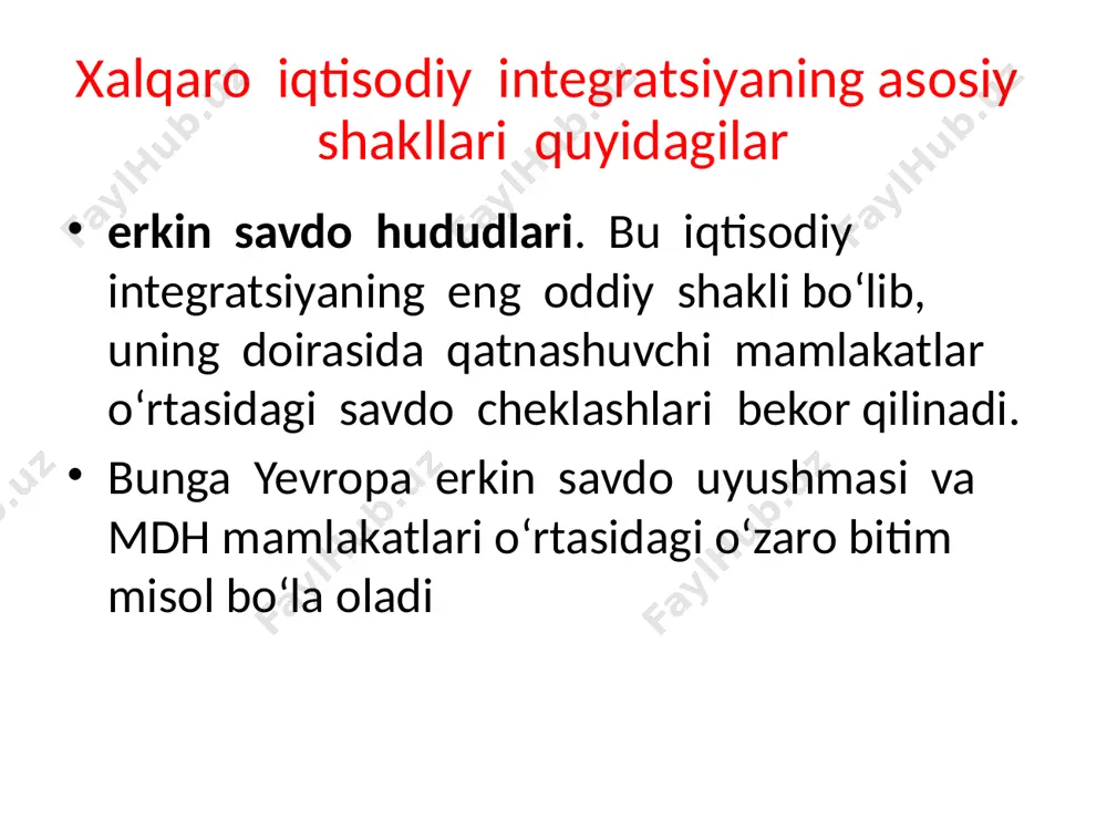 yil); bolgariya, ruminiya (2007 yil). buyuk britaniya 2020 yil 31 yanvardan boshlab yevropa ittifoqi a’zoligidan chiqib ketdi. yeiga a’zo bo‘lish uchun bu mamlakatlar quyidagi talablarga javob berishlari kerak demokratiyani kafolatlovchi tashkilotlarning barqaror faoliyati; - huquqiy tartibning o‘rnatilishi va unga amal qilinishi; - inson huquqlariga amal qilinishi va kam sonli millatlarning himoya qilinishi; - bozor iqtisodiyotining amal qilishi; - ittifoq ichidagi raqobat kurashi va bozor kuchlarining ta’siriga bardosh bera olish; janubiy-sharqiy osiyo mamlakatlari assotsiatsiyasi (asean) janubiy-sharqiy osiyo mamlakatlari assotsiatsiyasi (asean) 1967 yilda tashkil topganligiga qaramay, faqat 1992 yilga kelib uning ishtirokchilari (indoneziya, malayziya, filippin, singapur, tailand, bruney, vetnam, myanma, laos) o‘z oldilariga 2008 yilga qadar yagona mintaqaviy erkin savdo hududini tashkil etish vazifasini qo‘ydilar. aseanning a’zosi hisoblangan har bir mamlakatning iqtisodiyoti yaponiya, aqsh, osiyoning yangi industrial mamlakatlari iqtisodiyoti bilan chambarchas bog‘liq. o‘zbekistonning jahon iqtisodiyotiga integratsiyalashuvi respublikamiz mustaqillikka erishgandan keyin qisqa davr ichida 80 dan ortiq davlat bilan diplomatiya munosabatlarini o‘rnatdi, dunyoning …