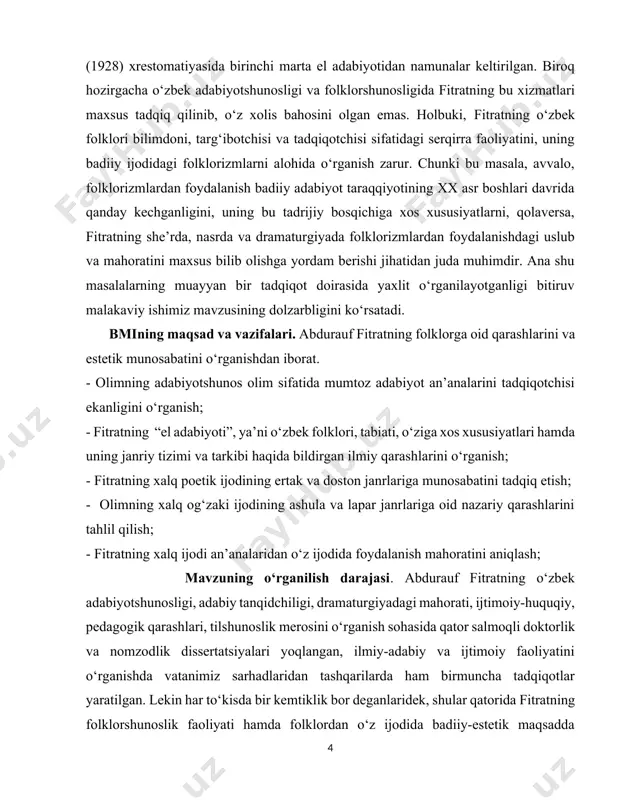 da ham bu haqda ba’zi mulohazalar bildirib o‘tilgani kuzatiladi. [1: болтабоев ҳ. хх аср бошлари ўзбек адабиётшунослиги ва фитратнинг илмий мероси. – т., 1996. турдиев ш. фитрат ва фольклор // гулистон, . ғаниев и.м. фитрат драмалари поэтикаси: – т., 1998. жўрақулов у. ҳ. фитратнинг тадқиқотчилик маҳорати. – т., 1998. давурбоева н.а. фитрат драмаларида миллий озодлик ғоясининг талқини.т., 1999. саидов ё.с. фитрат бадиий асарлари лексикаси. – т., 2001. ғаниев и.м. фитрат. эътиқод. ижод. – т.: камалак, 1994; фитрат ва фитратшунослик. – т.: фан, 2005. ] o‘tgan asrning 80-yillari ikkinchi yarmidagi qayta qurish va o‘zbekistonda milliy istiqlolning g‘alabasi tufayli fitrat ijodiyotini tadqiq qilish, asarlarini alohida-alohida o‘rganish, qayta baholash va umumadabiy jarayondagi qimmatini belgilash harakati birmuncha jonlandi. shu munosabat bilan ilhom g‘aniyevning fitrat ijodiy merosini o‘rganishga bag‘ishlagan “fitratning tragediya yaratish mahorati”, “fitrat. e’tiqod. ijod” va “fitrat va fitratshunoslik” nomidagi uch monografiyasining bosilib chiqishi ana shunday jonli harakatning nishonasi bo‘ldi. umuman aytganda, fitratning folklorga …