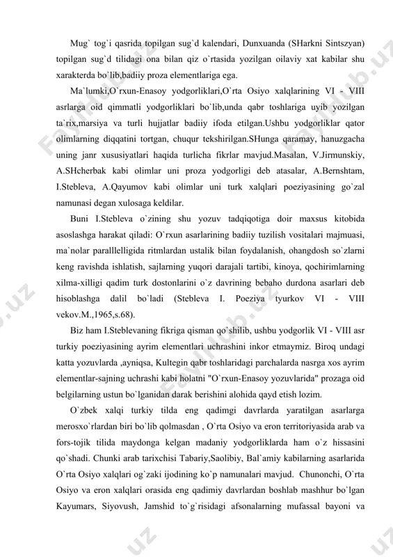 a merosxo`rlardan biri bo`lib qolmasdan , o`rta osiyo va eron territoriyasida arab va fors-tojik tilida maydonga kelgan madaniy yodgorliklarda ham o`z hissasini qo`shadi. chunki arab tarixchisi tabariy,saolibiy, bal`amiy kabilarning asarlarida o`rta osiyo xalqlari og`zaki ijodining ko`p namunalari mavjud. chunonchi, o`rta osiyo va eron xalqlari orasida eng qadimiy davrlardan boshlab mashhur bo`lgan kayumars, siyovush, jamshid to`g`risidagi afsonalarning mufassal bayoni va variantlari tabariyning "tarixi tabariy" asarida, shuningdek, shu afsonalarning ayrim variant va xronologiyasi haqida qiziqarli fikrlar beruniyning "al osorul-bokiya anal-qarun-ul holiya" kitobida ham ketiriladi (o`zbek adabiyoti tarixi. besh tomlik.1-tom,t.,1977,24-45-betlar). xi asrning mashhur olimi mahmud qoshg`ariyning "devonu lug`otit turk " asarida keltirilgan maqol, matal, she`riy parchalar qatorida ayrim qissa va afsonalarning izlari ham ko`zga tashlanadi. mahmud qoshg`ariy o`z asarlariga xarakteristika berib shunday deydi: "men shu kitobni maxsus alifbe tartibida hikmatli so`zlar,sajlar,maqollar, rajaz va nasr deb atalgan narsalar bilan bezadim". asarda alp ertunga (afrosiyob), iskandar kabilar to`g`risidagi mavjud ayrim kichik hajmdagi afsona hamda rivoyatlar …
