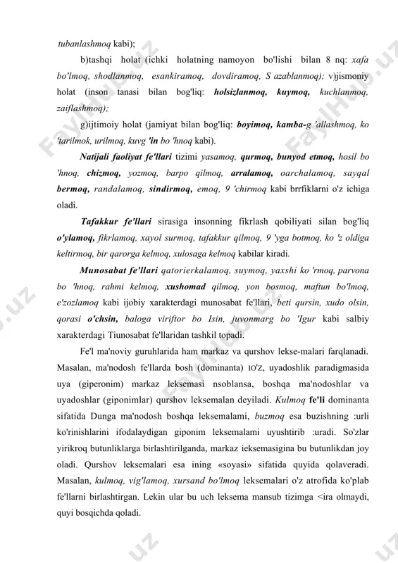 oq, xursand bo'lmoq leksemalari o'z atrofida ko'plab fe'llarni birlashtirgan. lekin ular bu uch leksema mansub tizimga <ira olmaydi, quyi bosqichda qoladi. fe'llarda so'zshakllarning turlari. fe'llarda ham, boshqa urkumlarda bo'lgani kabi, so'zshakllar nol shaklli, sintetik, sinte-:ik-analitik, takrony ko'rinishlarda bo'ladi. fe'lning grammatik shakllardan xoli qilingan o'zak-negizi lar doim kelasi zamon, buyruq mayli, aniq nisbat, ikkinchi shaxs, 3irlik ma'nolarini ifodalaydi: bor, kel, o'qi, yoz, sev, ayt, ishoii kabi. bunday so'zshakllar nol shaklli deyiladi. yuqorida aytilgani-dek, nol shakl masalasi o'zbek tilshunosligida o'z echimini kuta-yotgan muammolardan biridir. grammatik shakli qo'shimcha tusida bo'lgan fe'llar sintetik shaklli so'zshakl deyiladi. o'qiyman, bordim, kelyapman, yozayotirman, shoshib, kelgach, kelgan kabi. bunda grammatik shakl fe'l o'zak-negiziga «yopishgan» holdadir. fe'llar nomustaqil fe'llar bilan shakllangamda, albatta, sintetik-analitik ko'rinishda bo'ladi. masalan, o 'qib chiqdi, ayta boshladi, borgan ekan kabi, bunda ham «yopishgan», ham «ajralgan» grammatik shakllar yaxlitlikni tashkil qilganhgi uchun u sintetik-analitik shakl atamasi bilan yuritiladi. takrony shakllarni faqat takrony deyish unchalik to'g'n emas. …