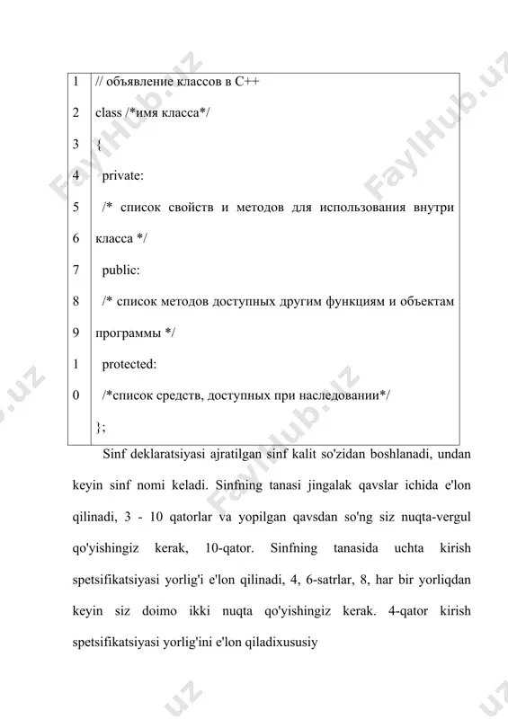 nechta ma’lumotlar elementlaridan (statik ma’lumotlar elementlaridan) birgalikda foydalanish kerak bo‘lib qoladi. bunday hollarda ma’lumotlar elementlari umumiy yoki juz’iy deb e’lon qilinadi, keyin esa tur oldidan, quyida ko‘rsatilganidek, static kalit-so‘z keladi: private; static int shared_value; sinf e’lon qilingach, elementni sinfdan tashqaridagi global o‘zgaruvchi sifatida e’lon qilish kerak. bu quyida shunday ko‘rsatilgan: int class_name::shared_value; navbatdagi dastur book_series sinfini aniqlaydi. bu sinf (seriya)ning barcha ob’ektlari (kitoblari) uchun bir xilda bo‘lgan page_count elementidan birgalikda foydalanadi. agar dastur ushbu element qiymatini o‘zgartirsa, bu o‘zgarish shu ondayoq barcha sinf ob’ektlarida o‘z aksini topadi: #include using namespace std; class book_series { public: book_series(float); void show_book(void); void set_pages(int) ; private: static int page_count; float price; }; int book_series::page_count; void book_series::set_pages(int pages) { page_count = pages; } book_series::book_series(float price) { book_series::price = price; } void book_series:: show_book (void) { cout using namespace std; class book_series { public: static int page_count; private: float price; }; int book_series::page_count; int main() { …