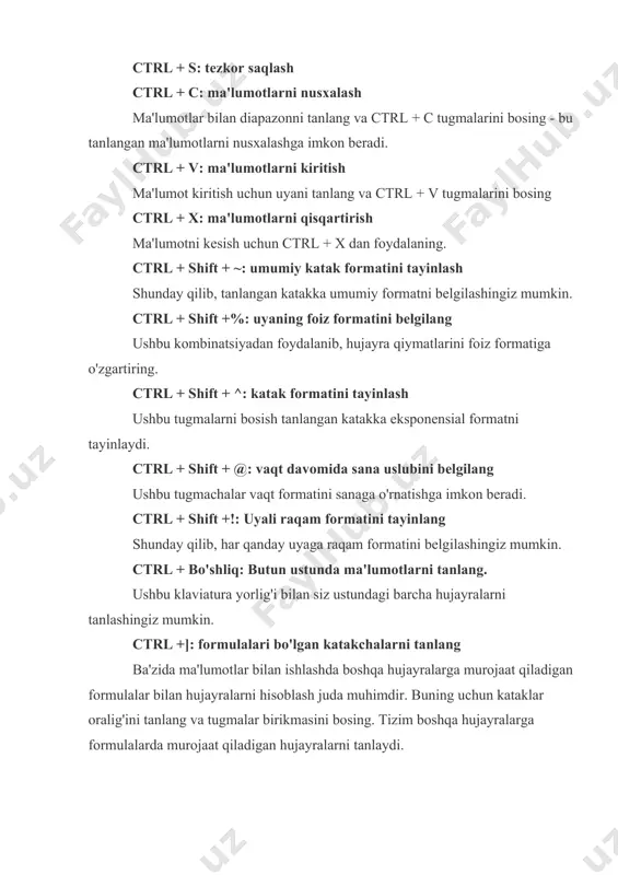 mkin. ctrl + bo'shliq: butun ustunda ma'lumotlarni tanlang. ushbu klaviatura yorlig'i bilan siz ustundagi barcha hujayralarni tanlashingiz mumkin. ctrl +]: formulalari bo'lgan katakchalarni tanlang ba'zida ma'lumotlar bilan ishlashda boshqa hujayralarga murojaat qiladigan formulalar bilan hujayralarni hisoblash juda muhimdir. buning uchun kataklar oralig'ini tanlang va tugmalar birikmasini bosing. tizim boshqa hujayralarga formulalarda murojaat qiladigan hujayralarni tanlaydi. ctrl +;: joriy sanani kiriting ushbu tugmalar birikmasi tufayli siz istalgan uyaga joriy sanani kiritishingiz mumkin. ctrl + shift + ;; joriy vaqtni kiriting shunday qilib, siz uyaga joriy vaqtni qo'shasiz. ctrl + a: barcha kataklarni tanlang agar varaqdagi barcha kataklarni tanlamoqchi bo'lsangiz, shunchaki ctrl + a tugmalarini bosing. ctrl + d: tenglamani pastga tushirish agar bitta katakni pastga hisoblash bilan formulani takrorlamoqchi bo'lsangiz, ushbu kombinatsiyadan foydalaning. ctrl + h: qidirish va almashtirish excel ishchi varag'ida ma'lumotlarni qidirish va almashtirish. shift + bo'sh joy: butun chiziqni tanlang. varaqning butun satrini tanlash uchun shift + bo'sh …