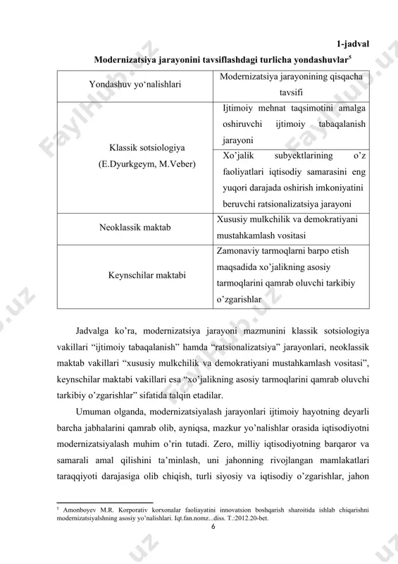 katlari taraqqiyoti darajasiga olib chiqish, turli siyosiy va iqtisodiy o’zgarishlar, jahon bozori kon’yunkturasidagi tebranishlar, inqiroz holatlariga nisbatan “chidamliligi”, mustaqil rivojlana olish imkoniyat va salohiyatlari aynan iqtisodiyotdagi tub islohotlar va ularning natijalariga bog’liqdir. biroq, shu bilan birga iqtisodiyotni modernizatsiyalash jarayonlarining amalga oshirilishida izchillik va mantiqiy muvozanatni ta’minlashga harakat qilishi lozim. iqtisodiy fanda modernizatsiyalash jarayonlarini turkumlash katta ahamiyat kasb etadi. masalan, texnologik (k.levi-stross), funksional (n.smelser) va global (p.viner) modernizatsiyalar farqlanadi. alohida mamlakatlarda modernizatsiya bosqichlarining turlicha talqini farqlanadi[footnoteref:6]. [6: amonboyev m.r. korporativ korxonalar faoliayatini innovatsion boshqarish sharoitida ishlab chiqarishni modernizatsiyalshning asosiy yo’nalishlari. iqt.fan.nomz...diss. t.:2012.22-bet] modernizatsiyalash jarayonlarining bosqichlari to’g’risida so’z ketganda, fikrimizcha, nazariy jihatdan, mazkur jarayonlarini qo’llashning turli darajalarini ajratib ko’rsatish maqsadga muvofiqdir (3-rasm). birinchi (eng quyi) daraja – alohida texnika, texnologiyani modernizatsiyalash bo’lib, ko’proq tor ma’nodagi modernizatsiyalash tushuncha-siga to’g’ri keladi. ikkinchi daraja – ishlab chiqarishni modernizatsiyalash yaxlit ishlab chiqarish jarayonlarini namoyon etib, o’z ichiga funksional jihatdan o’zaro bog’liq bo’lgan texnika va texnologiyalar bilan …