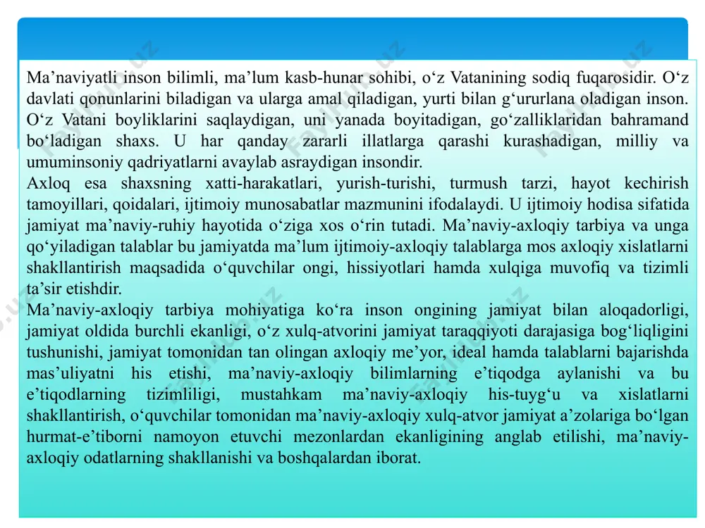 naltirilgan pedagogik jarayon. ota-onalar o‘zlarining ijtimoiy burchlarini bajarar ekanlar, farzandlarida mehnatga, uni tashkil etuvchilarga nisbatan mehr-muhabbat, hurmat tuyg‘usini shakllantirish, ularni ijtimoiy-foydali mehnatga tayyorlash, turli ko‘rinishdagi munosabatlarni uyushtirish vaqtida tartib-intizomga amal qilish, ijtimoiy me’yorlarga og‘ishmay rioya etish, sog‘lom turmush tarzini yaratish, o‘z shaxsiy hayotlari mazmunini belgilashda maqsad, so‘z va faoliyat birligini ta’minlash borasida har tomonlama ijobiy ibrat namunasini ko‘rsatadi. shaxs shakllanishiga ta’sir etishning ijtimoiy-ruhiy asosiga ega oila jamiyatning ajralmas bo‘lagi sifatida ijtimoiy vazifalarni bajarish bilan birga o‘ziga xos xususiyatlarni ham akslantiradiki, bunday xislat psixologik qarama-qarshilik hamda xarakterlar to‘qnashuvidan iborat ijtimoiy munosabatlardan toliqqan inson organizmi ning ishchanlik qobiliyatini qayta tiklash uchun zarur bo‘lgan mo‘tadil iqlimni hosil qila oladi. bu tuyg‘u xalqimiz ruhiyatidagi o‘ziga xos xususiyatlardan biridir. oila tarbiyasida ob’ektiv va sub’ektiv omillarning roli katta. oilaning moddiy ta’minoti va farovonlik (maishiy turmush) darajasi, oila budjetining mavjud holati, undan oqilona foydalanish borasidagi tajriba, sog‘lom ruhiy muhitning barqarorligi va hokazolar ob’ektiv omillar sanalsa, oiladagi shaxslararo …
