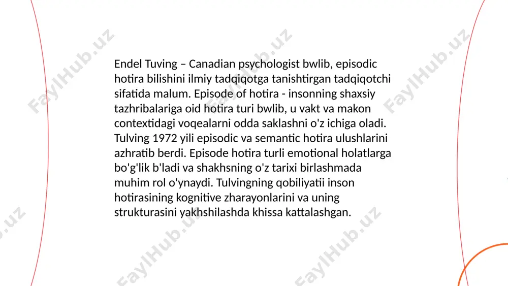 ira vo, uning turlari va ri boskichlarini kamrab oladi. anik tadkikotiga kwra, yosh bolalar hotirai 3-5 yoshda zhadal rivozhlanadi. akramov hotirani yaxshilash uchun maxsus o'quv va mashg'ulotlar samarali ekanligini ko'rsatgan. uning natizhalari yoshlarda kognitiv kobiliyatlarning barkaror o'sishiga turtki berishini yaxshilash. shu bilan birga, hotira rivozhlanishida izhtimoiy muhit va jismoniy rol muxim rol o'ynashini aniklagan. ... t.me/slaydai_bot 10. m. akramovning xotira va ma'rifat zharayonlari xakida ko'rsatuvi. 10. m. akramovning hotira va marifat zharayonlari hkidagi kw yåyida hotira inson tazhribalarini saklash va ishlash mexanizmlari sifatida qaraladi. tutum hotirasi, qo'nimli hotira, va harakatchan hotira kabi turlar azhratiladi. ma'rifat insonning bilish kobiliyatlarini, yangi tazhribadan bilim va kushni kuzatishni uz oladi. akramovning ta yukicha, hotira va marifat zharayonlari o'zaro bo'g'lik bwlib, bilimlarni samarali qabul qilish va ularni hsayotda qo'llashga erdam beradi. xotira mustaxamlash uchun akramov taklif kilgan usullardan biri talim zharayonlarida turli multimediani rivojlantirishdan foidalanishdir. ... t.me/slaydai_bot 11. m. akramov hotirani yaratish usullari xaqida yozgan …