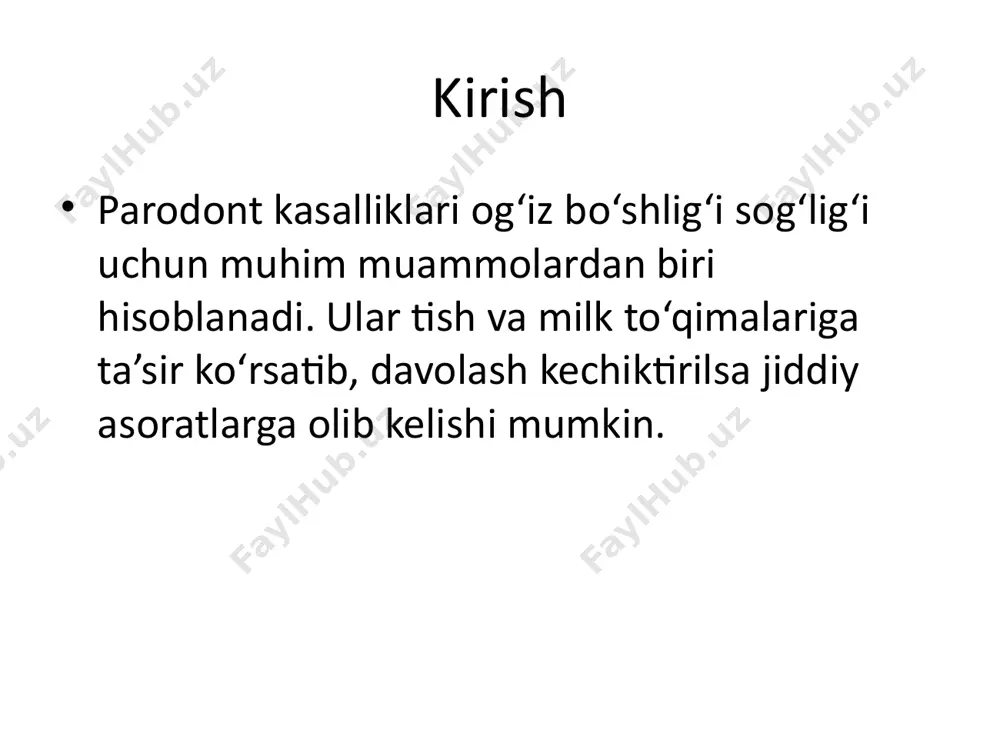 tish va milk gigiyenasi, sog‘lom ovqatlanish, stomatologik tekshiruvlar. tish cho‘tkasi va pastasi tanlash yumshoq cho‘tka va ftoridli pastalardan foydalanish tavsiya etiladi. to‘g‘ri tish yuvish texnikasi tishlar harakat bilan, aylanma harakatlar yordamida yuvilishi kerak. parodont kasalliklarining dietaga bog‘liqligi vitamin va minerallar yetishmovchiligi parodont muammolariga olib kelishi mumkin. foydali mahsulotlar sut mahsulotlari, baliq, yong‘oq va ko‘katlar parodont salomatligi uchun muhim. zararli mahsulotlar shirinliklar, gazlangan ichimliklar, kraxmalga boy mahsulotlar og‘iz bo‘shlig‘idagi muammolarni kuchaytirishi mumkin. vitaminlar va minerallarning o‘rni c vitamini (askorbin kislota), d vitamini, kaltsiy va fosfor parodont salomatligi uchun juda muhim. tish ipi va og‘iz chayqash vositalari tishlar orasidagi bakteriyalarni yo‘qotish uchun tish ipi va antibakterial chayqov vositalaridan foydalanish muhim. stomatologik profilaktika kasalliklarning oldini olish uchun muntazam stomatologga borish zarur. professional parodontik muolajalar skeyling, polirovka va boshqa professional tozalash usullari milk va tishlarni sog‘lom saqlashga yordam beradi. kundalik profilaktika bo‘yicha maslahatlar tishlarni kuniga 2-3 marta yuvish, uglevodlarni kamaytirish, muntazam tekshiruvlardan o‘tish. xulosa …