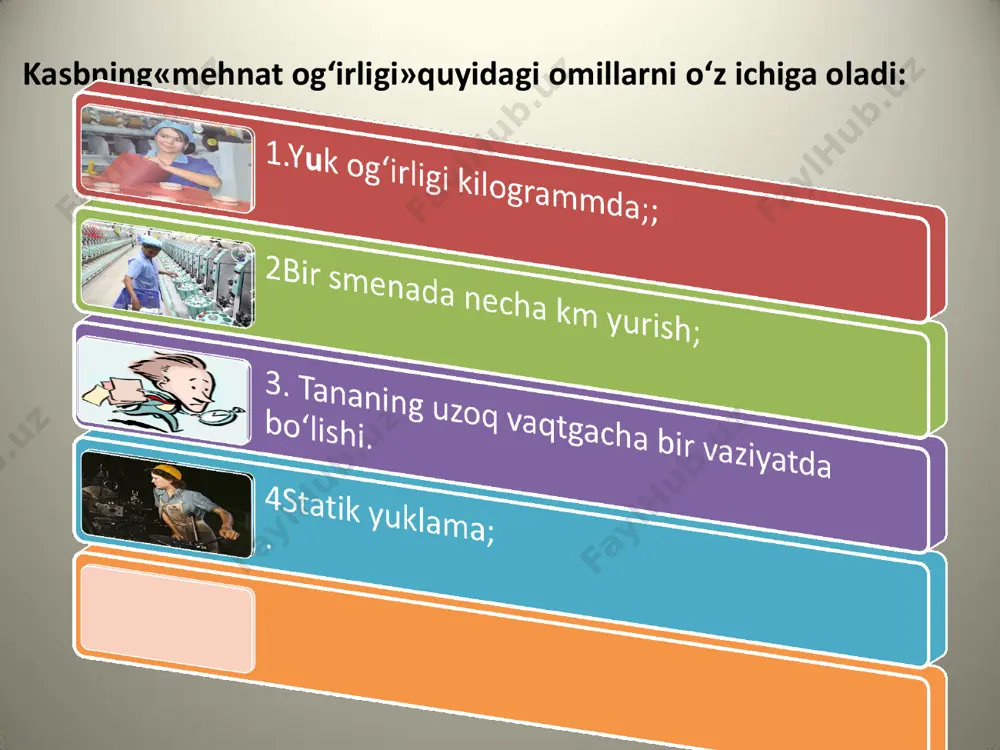 adi. mumiy vibratsiya ta’sirida ovqat hazm qilish a’zolarida disfunksiya, jumladan, me’daning motor va shira ajratish faoliyati o‘zgaradi. umurtqa pog‘onasining bel va dumg‘aza bo‘limlarida osteoartroz yoki diskoz alomatlari paydo bo‘lishi mumkin. • umumiy vibratsiya kasalligi ham • 3 bosqichdao‘tadi : 1. boshlang‘ich davrda angiodistoniya, vegetativ – vestibulyar, sensor, polinevropatiya sindromlari kuzatiladi 2. kasallikning rivojlangan davri – bunda serebral- periferik angiodistoniya sindromi, sensor sindromi,hamda polinevropatiya,radikulit alomatlari, umurtqaning bel va dumg‘aza bo‘limlarida osteoxondroz kuzatiladi. 3. kasallikning o‘ta rivojlangan davri – sensomotor - polinevropatiya va periferik sindromi bilan birga detsirkulyator – ensefalopatiya sindromi bilan o‘zgarishlar kuzatiladi. vibratsiya kasalligini oldini olish chora-tadbirlari 18 sanoat changi chang deb maydalangan qattiq birikmalarning havoda ma’lum daqiqa suzib yuradigan zarrachalariga aytiladi. 100 nm dan katta bo‘lgan zarrachalar aerogellar deb ataladi 100 nm (nanometr) gacha bo‘lgan chang zarrachalari aerozollar deb ataladi chang tasnifi: dispersligi bo‘yicha: a) ko‘z bilan ajratsa bo‘ladigan, diametri 10- 100 nm (nanometr- millimikron) gacha bo‘lgan zarrachalar b) …