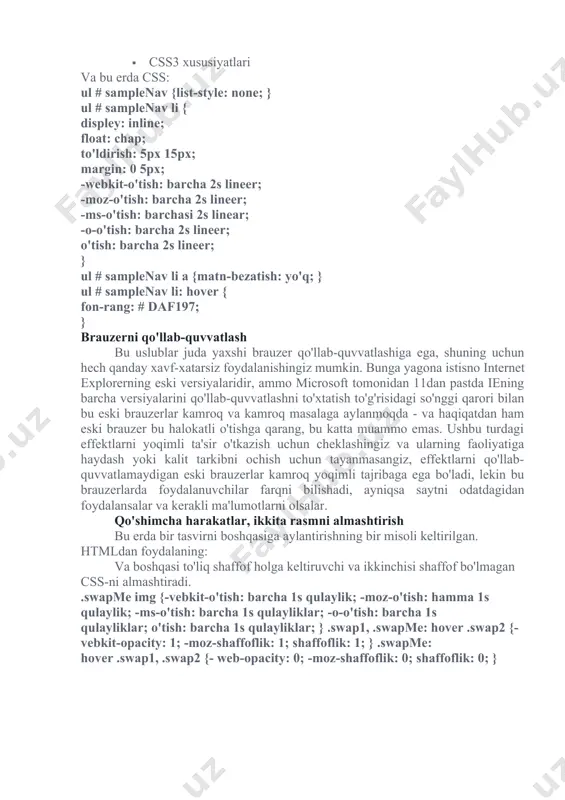 opacity: 0,25; -moz-shaffoflik: 0,25; shaffoflik: 0,25; rang: # 000; } navigatsiya menyusi fon rangi pasayib turishiga yordam beradi ushbu oddiy navigatsiya menyusida fon rangini menyudagi narsalar ustida sichqoncha sifatida sekin-asta tushib ketadi. mana html: · · bosh sahifa · · css3 ta'limi · · css3 xususiyatlari va bu erda css: ul # samplenav {list-style: none; } ul # samplenav li { displey: inline; float: chap; to'ldirish: 5px 15px; margin: 0 5px; -webkit-o'tish: barcha 2s lineer; -moz-o'tish: barcha 2s lineer; -ms-o'tish: barchasi 2s linear; -o-o'tish: barcha 2s lineer; o'tish: barcha 2s lineer; } ul # samplenav li a {matn-bezatish: yo'q; } ul # samplenav li: hover { fon-rang: # daf197; } brauzerni qo'llab-quvvatlash bu uslublar juda yaxshi brauzer qo'llab-quvvatlashiga ega, shuning uchun hech qanday xavf-xatarsiz foydalanishingiz mumkin. bunga yagona istisno internet explorerning eski versiyalaridir, ammo microsoft tomonidan 11dan pastda iening barcha versiyalarini qo'llab-quvvatlashni to'xtatish to'g'risidagi so'nggi qarori bilan bu eski brauzerlar …