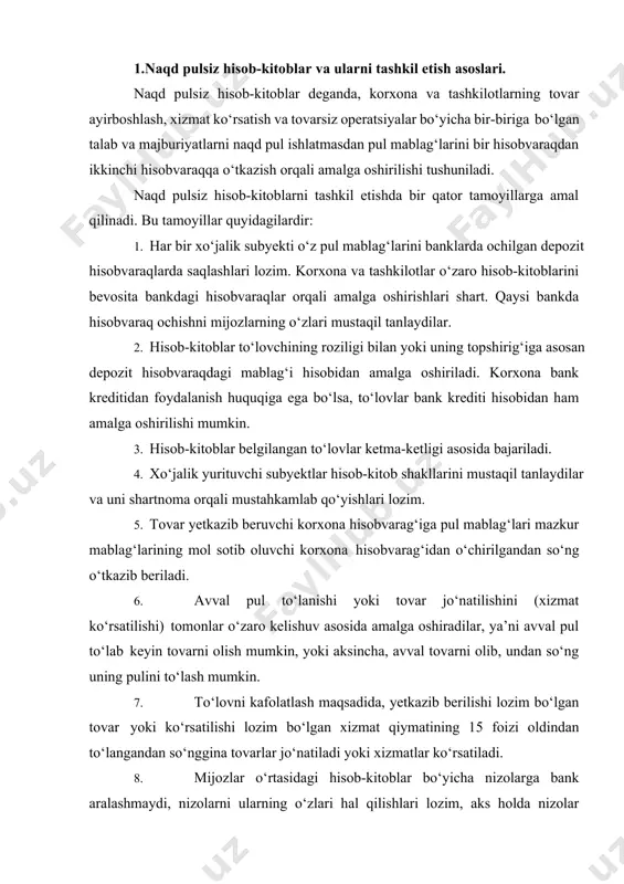 keyin tovarni olish mumkin, yoki aksincha, avval tovarni olib, undan so‘ng uning pulini to‘lash mumkin. 7. to‘lovni kafolatlash maqsadida, yetkazib berilishi lozim bo‘lgan tovar yoki ko‘rsatilishi lozim bo‘lgan xizmat qiymatining 15 foizi oldindan to‘langandan so‘nggina tovarlar jo‘natiladi yoki xizmatlar ko‘rsatiladi. 8. mijozlar o‘rtasidagi hisob-kitoblar bo‘yicha nizolarga bank aralashmaydi, nizolarni ularning o‘zlari hal qilishlari lozim, aks holda nizolar xo‘jalik sudlari yordamida hal qilinadi. “o‘zbekiston respublikasida naqd pulsiz hisob-kitoblarni amalga oshirish to‘g‘risida”gi nizom fuqarolik kodeksi, “markaziy bank to‘g‘risida”gi, “banklar va bank faoliyati to‘g‘risida”gi, “o‘zbekiston respublikasi korxonalari to‘g‘risida”gi qonunlari va markaziy bankning o‘zbekiston hududida naqd pulsiz hisob-kitoblarni tartibga soluvchi boshqa me’yoriy hujjatlarga muvofiq ishlab chiqilgan. lekin hozirga qadar ushbu nizomga bir necha marta qo‘shimcha va o‘zgarishlar kiritilgan. naqd pulsiz hisob-kitoblar qonunda ko‘zda tutilgan va o‘zbekiston respublikasi markaziy banki tomonidan qabul qilingan quyidagi shakllar orqali amalga oshiriladi: -to‘lov topshiriqnomalari; -to‘lov talabnomalari; -inkasso; -akkreditivlar; -tijorat banklarining hisob-kitob cheklari; -plastik kartochkalar; -memorial orderlar; to‘lovchi va mablag‘ …