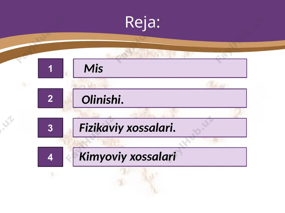 o‘lib, elektr va issiqlikni yaxshi o‘tkazadi. juda yaxshi bolg‘alanadi. kumush yumshoq metall bo‘lganligi sababli uning mis yoki rux bilan turli nisbatdagi qotishmalari ishlatiladi. ya’ni bunday qotishmalardan har xil bezak buyumlar, uy-ro‘zg‘or asboblari, kumush tangalar tayyorlanadi. oltin (au). oltin tabiatda, asosan, sof xolda (tug‘ma) uchraydigan metall bo‘lib, tabiatda yombi holida juda kam, mayda-mayda holatda qum va tog‘ jinslarida sochilib joylashgan. oltin qimmatbaho zargarlik metalli. ammo u yumshoq. shuning uchun zargarlik va texnik buyumlar tayyorlash uchun uning kumush yoki mis bilan hosil qilgan qotishmalaridan foydalaniladi. image2.jpg image3.jpeg image4.jpeg image5.jpeg image6.jpeg image7.jpeg image8.jpeg image9.jpeg image10.jpeg image11.png image12.jpeg image13.png image14.jpeg image15.jpeg image16.jpeg image17.jpeg image18.png image19.jpeg image20.jpeg image21.jpeg image22.jpeg image23.png image24.jpeg image25.jpeg image26.jpeg image27.jpeg image1.jpg