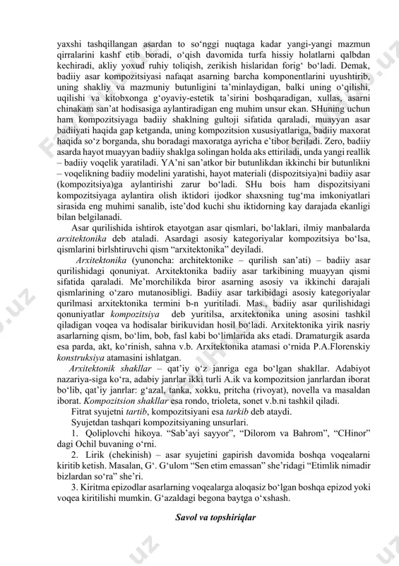 onajlar sistemasi (bosh, ikkinchi darajali va yordamchi personajlar tarzida darajalanishi, ularning shunga mos o‘zaro munosabatdorlikda joylashtirilishi), syujet qurilishi (voqealarning zamon yoki sabab-natija munosabati asosidagi aloqadorligi, yuz berish va hikoya qilinish vaqti, turli makon va zamonda kechayotgan voqealarning o‘zaro bog‘liqligi, makoniy va zamoniy o‘zgarishlarning asoslanishi v.b. – bularning bari k. b-n bog‘liq tushunchalarning bir qisminigina tashqil qiladi. k. badiiy asarning chinakam sistema, ya’ni qismlardan tarkib topgan, lekin barcha qismlari o‘zaro mustahkam aloqadagi butunlikka aylanishini ta’minlaydi. buning uchun esa qismlarning har biri o‘z o‘rni va o‘z me’yorida, butun b-n mustahkam aloqada bo‘ladigan va bu aloqalar anglanadigan tarzda joylashtirilishi muhim. ya’ni ijodiy niyatdayok o‘qish jarayoni nazarda tutiladiki, ayni shu narsa ijod jarayoniga ham ta’sir qiladi, yaratilajak asar kompozitsiyasining qanday bo‘lishini belgilaydi. o‘quvchi kompozitsiya jihatidan yaxshi tashqillangan asardan to so‘nggi nuqtaga kadar yangi-yangi mazmun qirralarini kashf etib boradi, o‘qish davomida turfa hissiy holatlarni qalbdan kechiradi, akliy yoxud ruhiy toliqish, zerikish hislaridan forig‘ bo‘ladi. demak, …