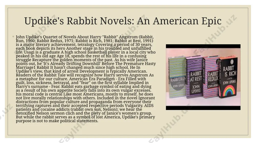 playing doubles, rabbit gets the idea that eccles might be sexually attracted to him. rabbit at rest with this epic poem, john updike's ambitious rabbit quartet is appreciated and looked back on - rabbit, run'' (1960), rabbit redux'' (1971), rabbit is rich'' (1981) and now ''rabbit at rest'' - coming to an end. the last word of many, many thousands of people is that of rabbit, and especially, ''enough.'' that is, in its context, in an intensive care cardiovascular unit at a hospital in florida, a judgment that is both direct and moving. , humble, parting and yet mysterious. as uncle rabbit said to his wife: "sometimes it's time". but with the terrible efficiency of medical technology at the end of the 20th century, of which plant existence could simply be defined as life, we can no longer be so sure. rabbit at rest is undoubtedly the darkest, most demanding, …