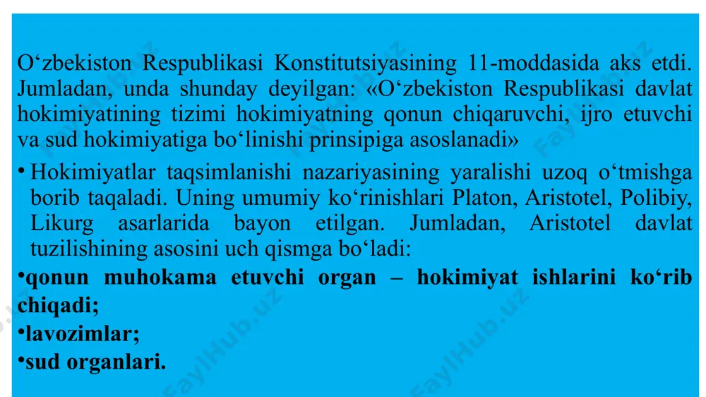 nosabatlarni tartibga solishdan iborat bo‘ldi. 2016-yil 15-dekabrda sh.mirziyoyevning o‘zbekiston respublikasi prezidenti lavozimiga kirishish tantanali marosimiga bag‘ishlangan oliy majlis palatalarining qo‘shma majlisidagi nutqida mamlakatni modernizatsiya qilish, jamiyatimizni isloh etish va demokratlashtirishni ta’minlashda muhim o‘rin va javobgarlik oliy majlis qonunchilik palatasi va senatga yuklatilganligi alohida ta’kidlandi. buning uchun uchta vazifani amalga oshirish zarurligi ko‘rsatildi. 1. respublikada oliy davlat hokimiyat organlarining shakllanishi va faoliyati. 2020-yil 27-fevral kuni oliy majlisda o‘zbekiston respublikasini barqaror rivojlantirish sohasidagi milliy maqsad va vazifalarning 2030-yilgacha bo‘lgan davrda amalga oshirilishini nazorat qilish bo‘yicha parlament komissiyasi tuzildi va uning reglament tasdiqlandi. yoshlarning qonun ijodkorligi jarayonidagi ishtirokini yanada kengaytirish maqsadida oliy majlis qonunchilik palatasida “yoshlar parlamenti” tuzildi. respublikada oliy davlat hokimiyat organlarining shakllanishi va faoliyati 1990-yil 24-martda o‘zbekistonda prezidentlik lavozimi ta’sis etilganidan keyin hayotning o‘zi ijro etuvchi hokimiyat maqomini o‘zgartirishni talab qildi. 1990-yil 15-noyabrda o‘zbekiston prezidentining “o‘zbekiston ssr prezidenti huzuridagi vazirlar mahkamasining tarkibini tasdiqlash to‘g‘risida”gi farmoni chiqdi. unga muvofiq ravishda o‘zbekiston prezidenti …