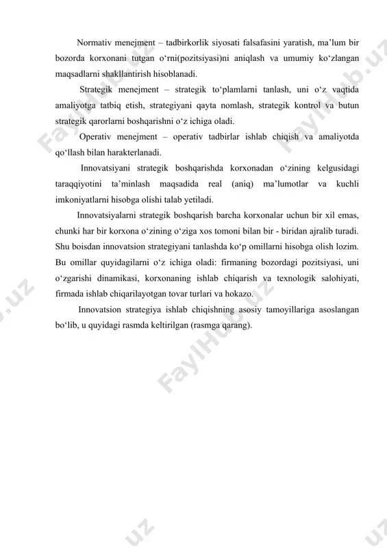 igini aniqlab, u ma’lum qoidalar majmuiga asoslanishini ko‘rsatib bergan. bu qoidalar bilan tashkilotlar faoliyati boshqarib boriladi. u bu qoidalarini to‘rt guruhga ajratib ko‘rsatadi. 1 – strategiyani firma faoliyatini natijalarini baholashda qo‘llanishi; 2 – strategiyani tashqi muhitga nisbatan tartibga soluvchi va yo‘naltiruvchi munosabat sifatida qaralishi; 3 – strategiyani korxona ichidagi munosabatlarni belgilashi; 4 – strategiya asosida firma kunlik faoliyatini boshqarilishi. innovatsion jarayonlarni boshqarishning asosiy vazifasi xo‘jalik yuritishda innovatsion strategiyani ishlab chiqishdir. amaliyotda strategik boshqarish quyidagi vazifalarni hal etadi: · muammo bilan tanishish; · boshqaruv instrumenti (vositasi)ni ishlab chiqish; · qaror qabul qilish uchun ma’lumotlarni baholash mezonlarini aniqlash; · qaror qabul qilishda kelishmovchiliklarni oldini olish, muvofiqlashtirish; · kelgusida nazoratni amalga oshirishni ta’minlash; maqsadlar turlari bo‘yicha farq qiladi: quyidagi rasmga qarang. innovatsiyalarni strategik boshqarishda maqsadlar turlari bo‘yicha quyidagicha farqlanadi (rasmga qarang). firmaning strategik maqsadlari kutilayotgan natijaning miqdor va sifat tomonlarini atroflicha ifodalaydi. mazkur natijalarga: bozor (oborot, o‘sish, bozor ulushi), sifat natijalarga mahsulot sifati …