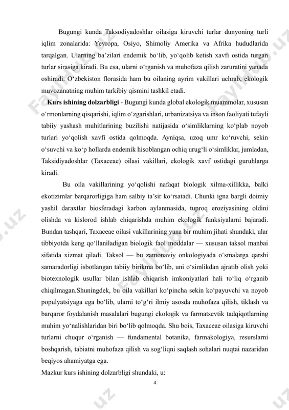 vakillarining yana bir muhim jihati shundaki, ular tibbiyotda keng qo‘llaniladigan biologik faol moddalar — xususan taksol manbai sifatida xizmat qiladi. taksol — bu zamonaviy onkologiyada o‘smalarga qarshi samaradorligi isbotlangan tabiiy birikma bo‘lib, uni o‘simlikdan ajratib olish yoki biotexnologik usullar bilan ishlab chiqarish imkoniyatlari hali to‘liq o‘rganib chiqilmagan.shuningdek, bu oila vakillari ko‘pincha sekin ko‘payuvchi va noyob populyatsiyaga ega bo‘lib, ularni to‘g‘ri ilmiy asosda muhofaza qilish, tiklash va barqaror foydalanish masalalari bugungi ekologik va farmatsevtik tadqiqotlarning muhim yo‘nalishlaridan biri bo‘lib qolmoqda. shu bois, taxaceae oilasiga kiruvchi turlarni chuqur o‘rganish — fundamental botanika, farmakologiya, resurslarni boshqarish, tabiatni muhofaza qilish va sog‘liqni saqlash sohalari nuqtai nazaridan beqiyos ahamiyatga ega. mazkur kurs ishining dolzarbligi shundaki, u: biologik xilma-xillikni asrash masalasiga hissa qo‘shadi; dorivor o‘simliklarning farmakologik salohiyatini ochib beradi; ekologik muhofaza strategiyalarini ishlab chiqish uchun ilmiy asos yaratadi; kam o‘rganilgan yoki muhofazaga muhtoj turlar bo‘yicha bilimlarni kengaytiradi. shunday qilib, taksidiyadoshlar oilasini chuqur va tizimli o‘rganish nafaqat …